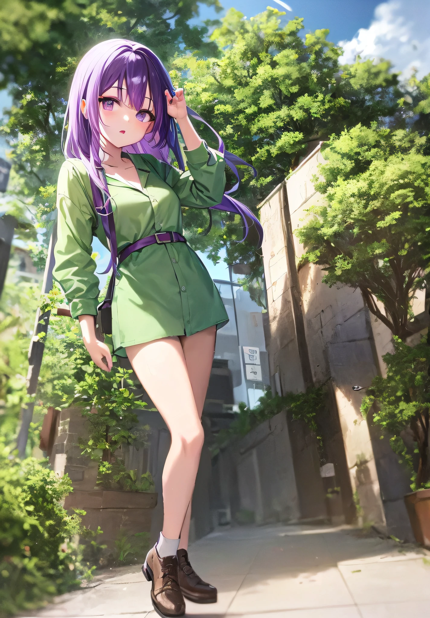Anime girl with purple hair and green shirt walking down the street, anime moe art style, cute girl anime visual, gwise, official artwork, Misato Katsuragi, official art, gvaiz style artwork, smooth anime CG art made in anime painter studio, very detailed official artwork, young anime girl, anime style 4k, Base immutable, refinement