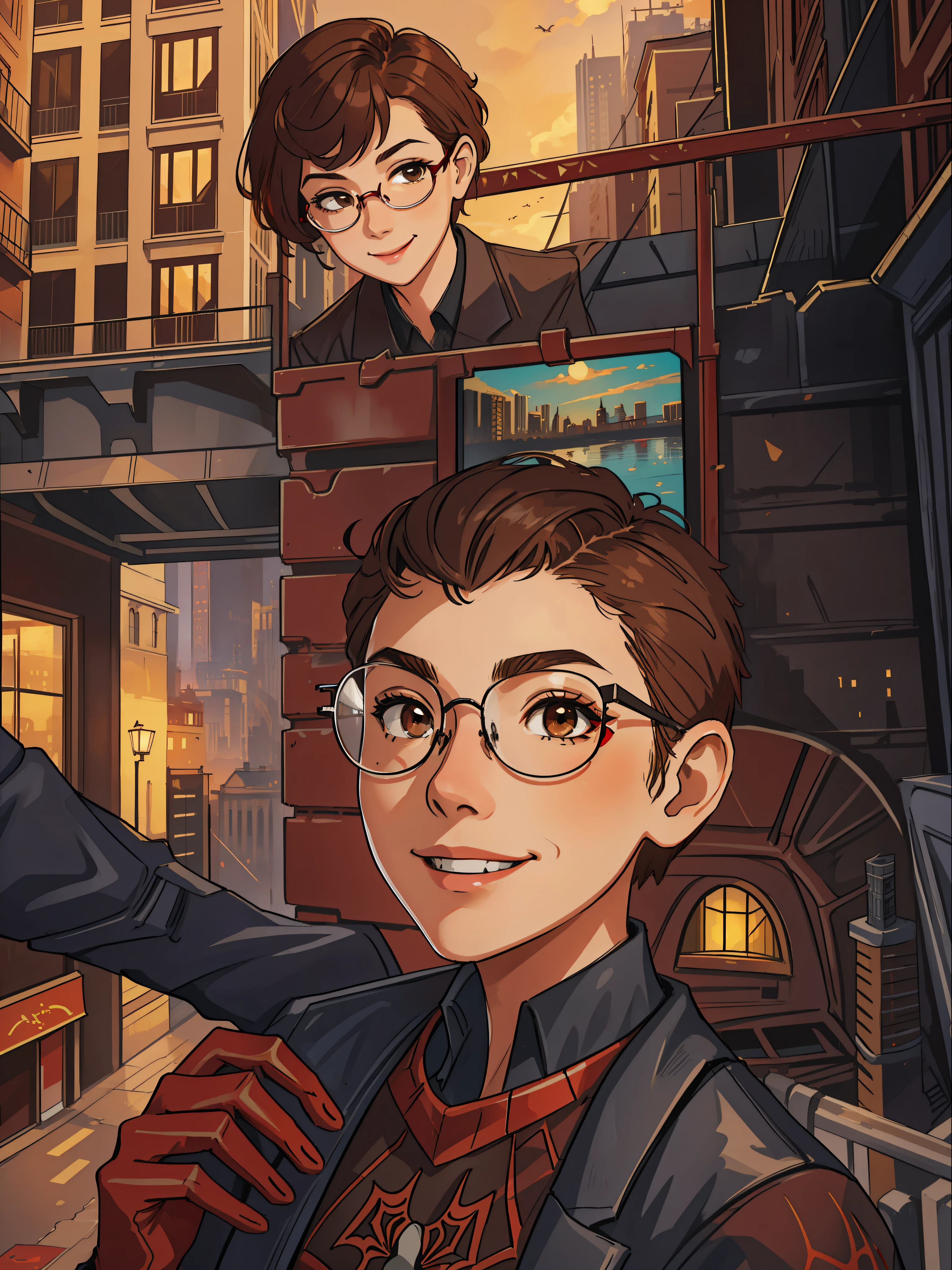(masterpiece, best quality), intricate details, 8k, artstation, wallpaper, official art, splash art, sharp focus,
1girl, short shaved hair, brown eyes, short dark red light brown hair
spider suit, spider web print, spider web, round glasses, smiling
skyscrapers, city, buildings, cars, street,
