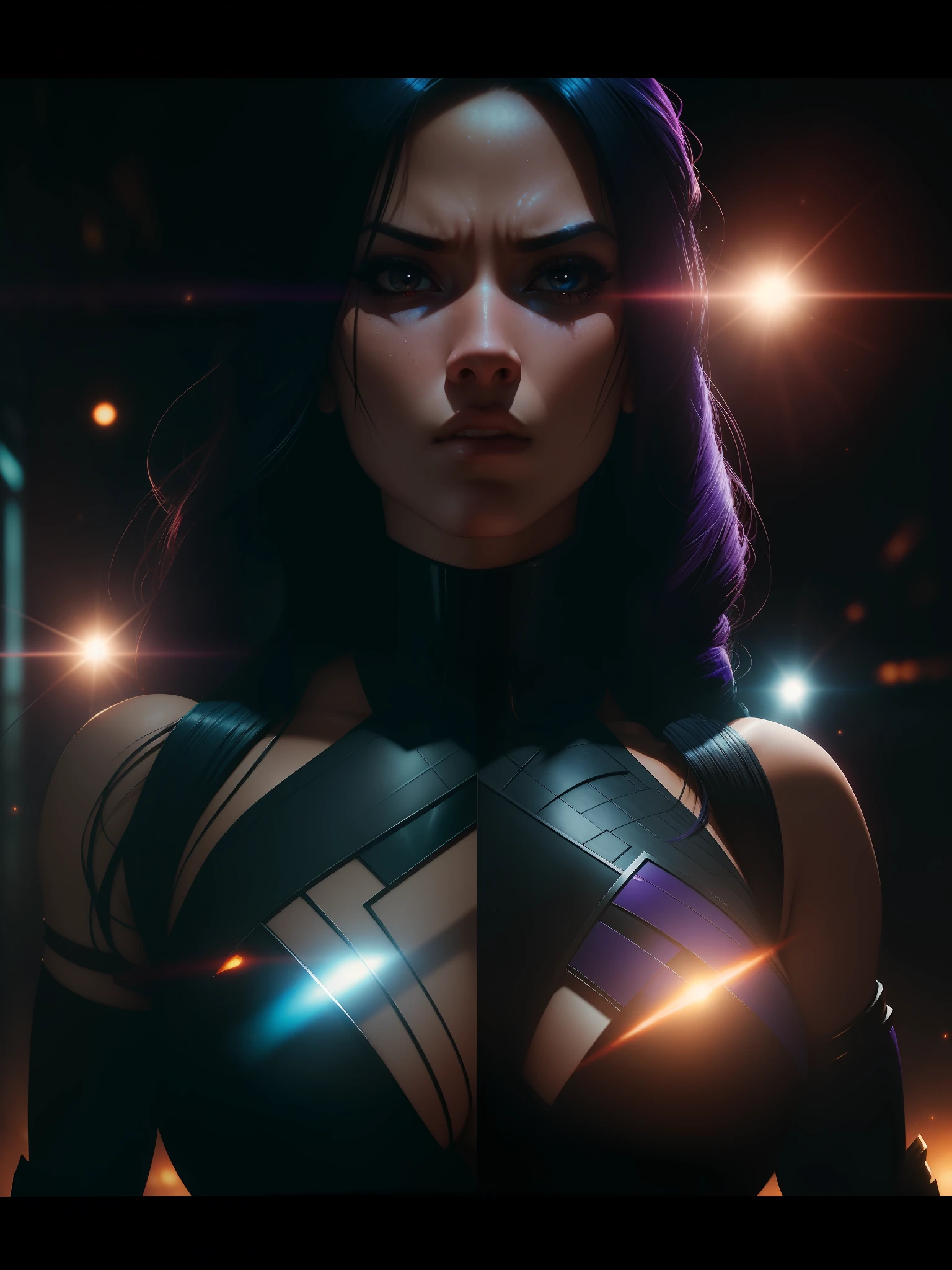 Scene from movie, close-up shot of Sexy Psylocke from Marvel, distorted space, distorted undead in the background, lens flares, light shafts, intricate details, highly detailed, volumetric lighting, 4k rendering, stock photo, hyper-realistic, realistic textures, dramatic lighting, Unreal Engine