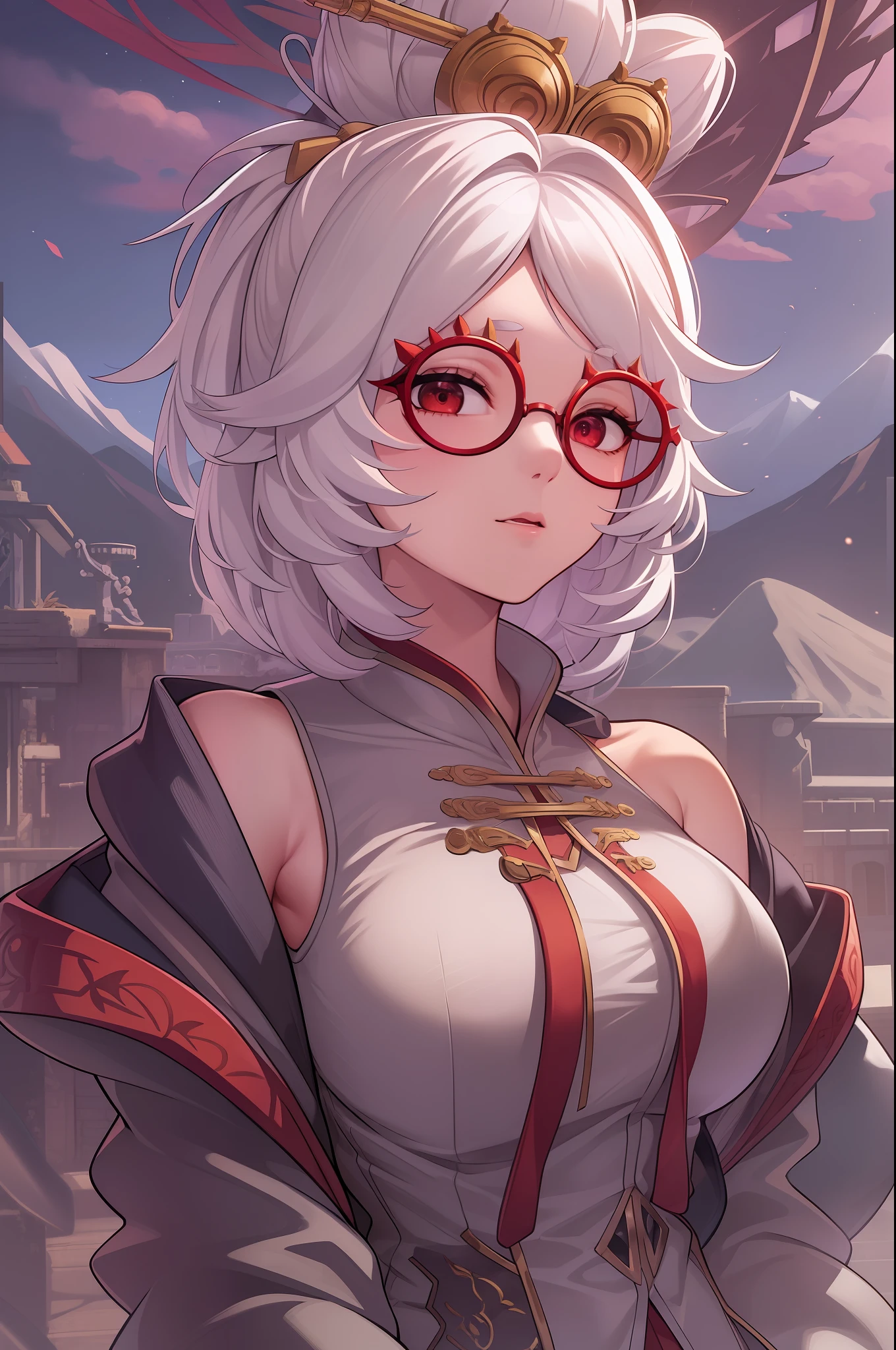 ((extreme detail)),(ultra-detailed), extremely detailed CG unity 8k wallpaper, best quality,  purah_totk, gold hair ornament, hair stick, sleeveless shirt, white jacket, red glasses, looking at viewer, holding, sitting, crossed legs, upper body, sky cloud, tree, mountain,