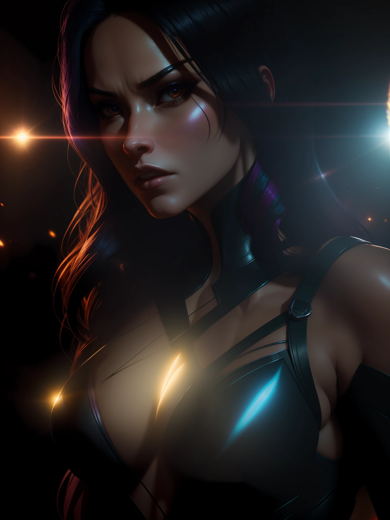 Scene from movie, close-up shot of Sexy Psylocke from Marvel, distorted space, distorted undead in the background, lens flares, light shafts, intricate details, highly detailed, volumetric lighting, 4k rendering, stock photo, hyper-realistic, realistic textures, dramatic lighting, Unreal Engine