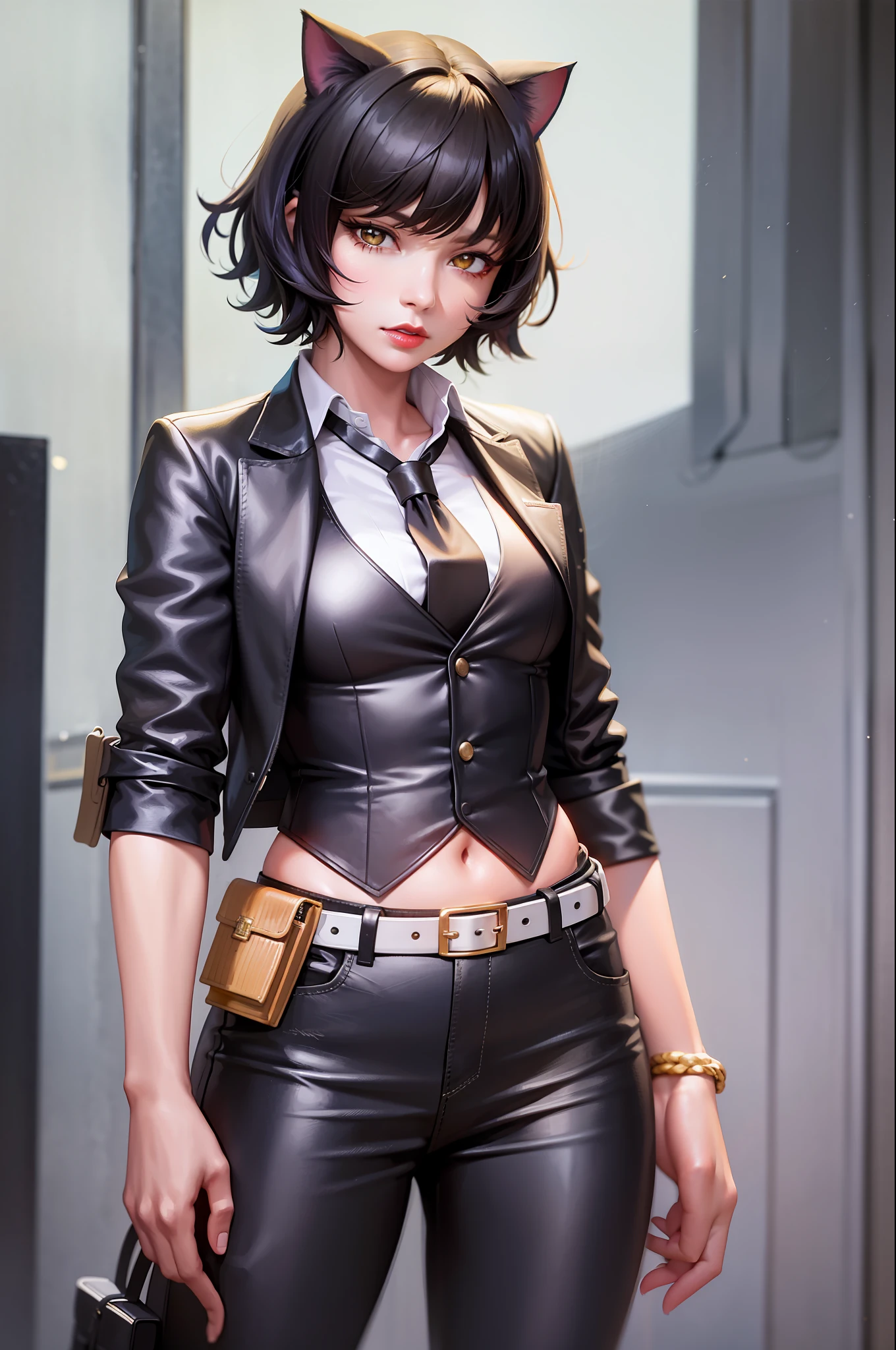 Cowboy shot of lady detective, short black hair, cat ears, golden eyes, red lips, white shirt, unbuttoned, black pants, vest, holster,