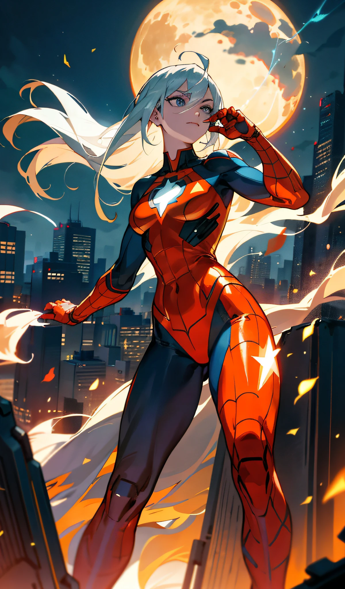 (masterpiece, 4k resolution, ultra-realistic, very detailed), cowboy style, (flame superhero theme, charisma, there is a girl in a human torch costume over town, she is a superhero), [(25 years old), (long gray hair: 1.2), full body, (blue eyes: 1.2), (Fantastic Four pose), strength show, flying in the sky), ( (sandy urban environment): 0.8) | (cityscape, night, dynamic lights), (full moon)] #説明: Prompt mainly describes ultra-high definition, very realistic, highly detailed 4K painting. A superheroine in a Spider-Man costume is depicted at the top of the city. The theme of the painting is that of a white superhero, the female protagonist has long white hair, is 25 years old, and her whole body is shown in the painting. In terms of depicting the actions of superheroines, fire is employed