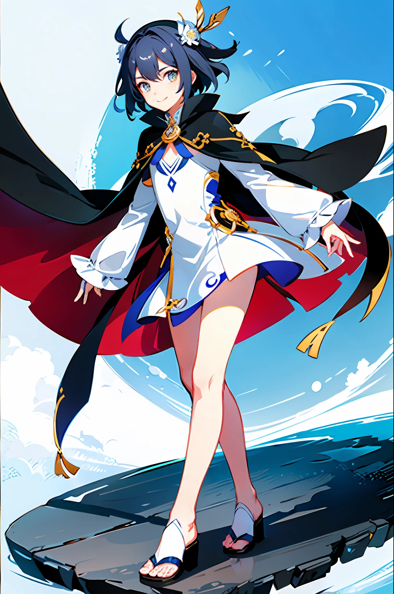 solo, sandals, looking at viewer, smile, 1boy, hat, full body, cape, vision \(genshin impact\), wanderer\(genshin impact\)