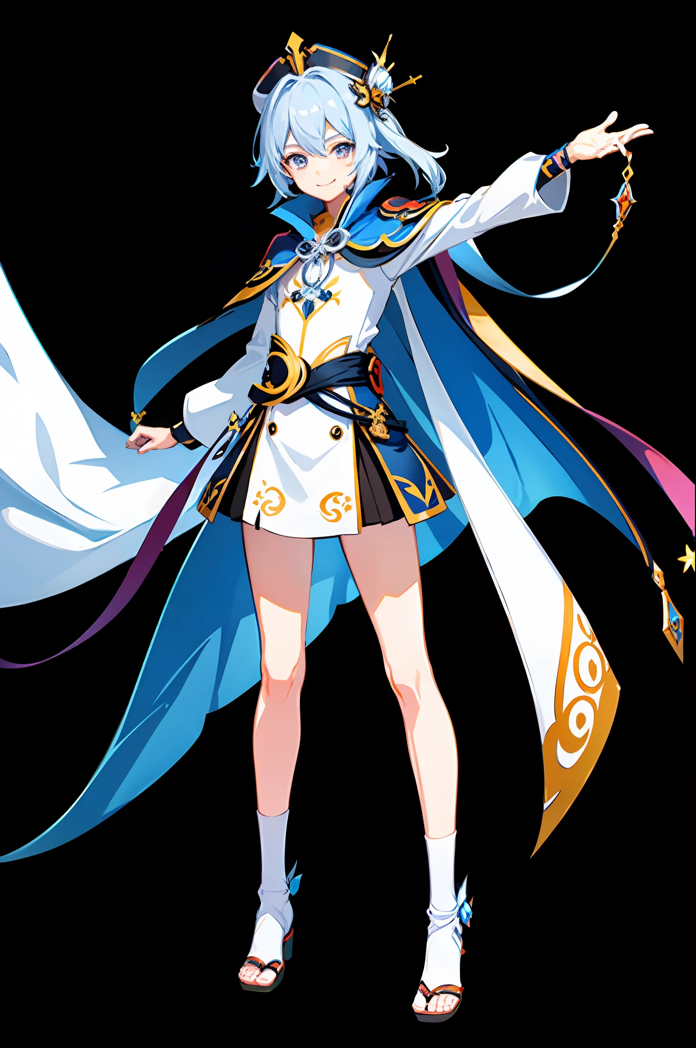 solo, sandals, looking at viewer, smile, 1boy, hat, full body, cape, vision \(genshin impact\), wanderer\(genshin impact\)