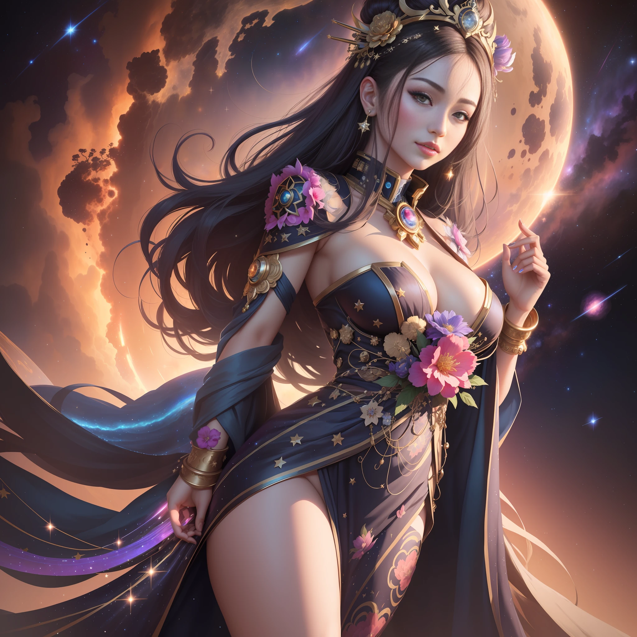 "(...) ((Hyperrealistic, photorealistic, 8k, intricate details)) full body, cyberpunk jaspegeisha masters, beautiful and seductive, space goddess, hot girl, queen of space, cosmic deity, with flowing hair, lush lips and wide and precious breasts, wearing a sexy well-ornate space kimono, wearing a crown of stars and neon flowers, stands imposingly with her hands on her waist on the surface of a planet without an atmosphere ((rocky details and starry sky dust stellar, nebulae)).