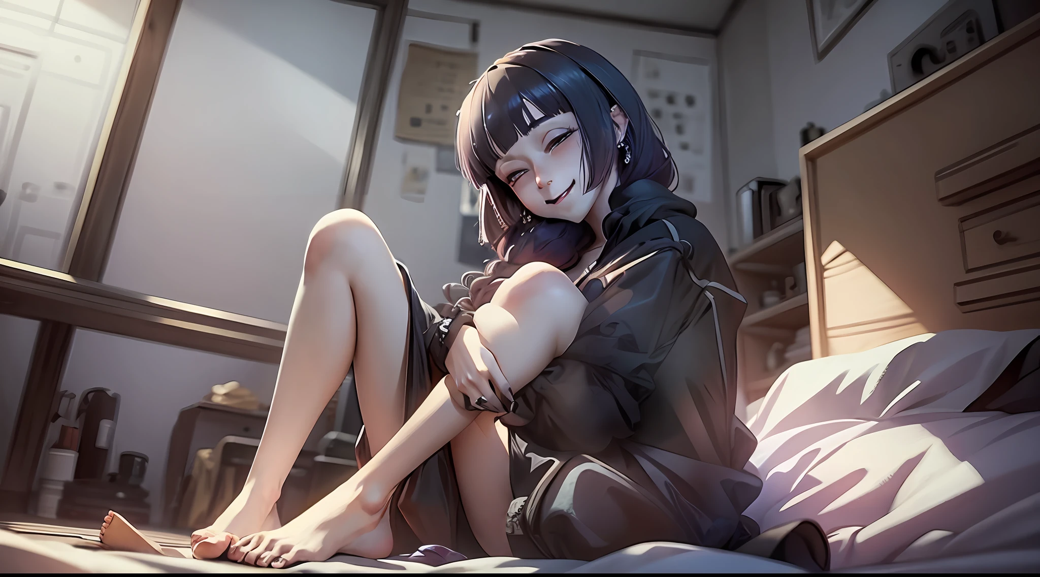 Anime Looking Down Bare Feet Slender Body Indoor Night Smile Drinking Cross Leg Drunk Bedroom Black Hair Piercing