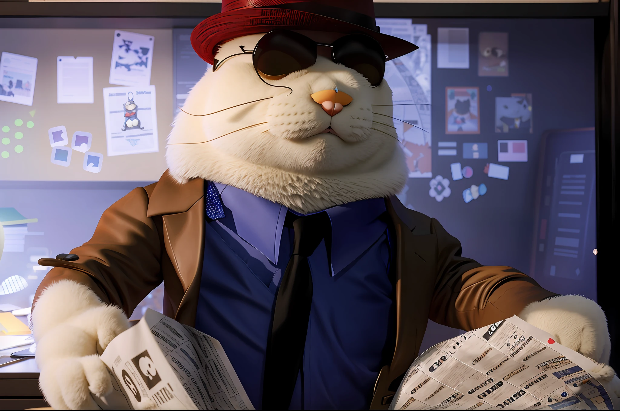 Arafed stuffed animal dressed in suit and tie holding a newspaper, an anthropomorphic gangster cat, anime style
