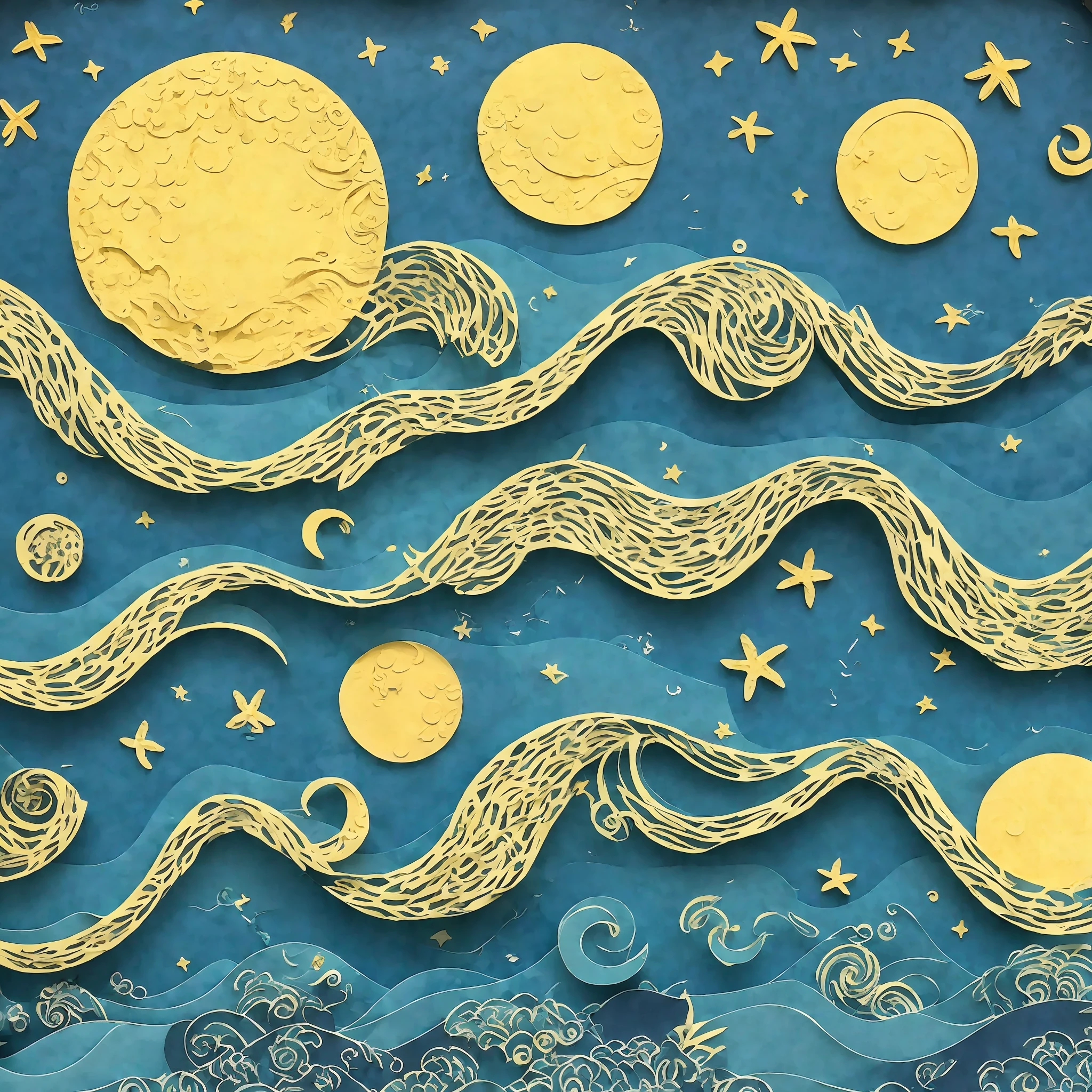 ((paper cutout)), sea, moon, starry sky, Van Gogh, shape, intricate design, delicate pattern, shadow box frame, silhouette, kirigami, Schellen Schnitte,