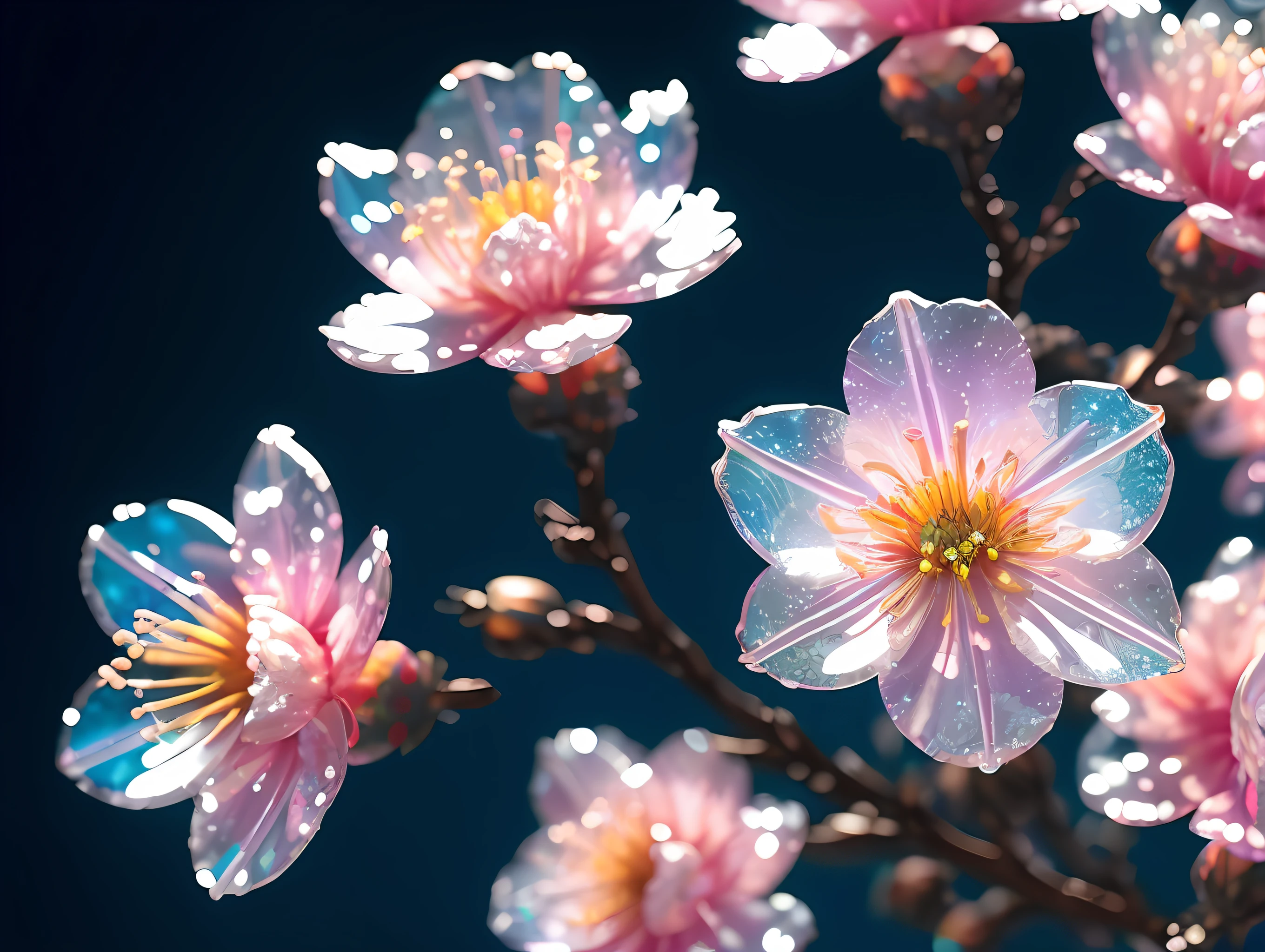 crystal spring blossom,
fantasy, galaxy, transparent,
shimmering, sparkling, splendid, colorful,
magical photography, dramatic lighting, photo realism, ultra-detailed, 4k, Depth of field, High-resolution