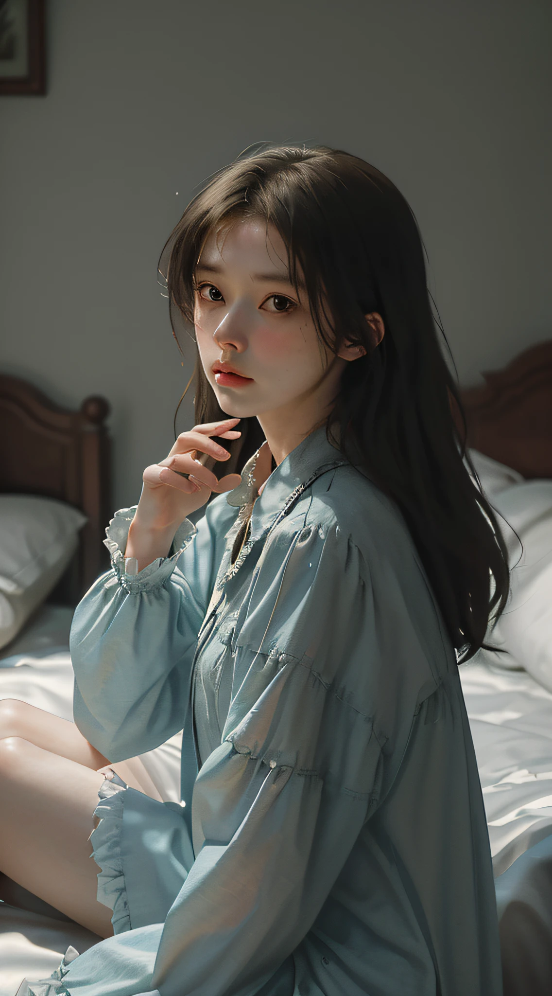 ((Best Quality)), ((Masterpiece)), (detailed), Melancholy Portrait of a Messy Young Woman, (Asymmetry: 1.2), sitting on a bed in a dim and cluttered room. The subject exudes a feeling of frustration and exhaustion, and her (tattered: 1.2) clothes and (haggard: 1.2) appearance emphasize her sense of despair. The photo was taken from a medium distance, and (low-key: 1.3) the lighting creates a gloomy and introspective atmosphere. The art style is inspired by (Dutch Masters: 1.3) technique, careful attention (subtle contrasts: 1.2) and (delicate textures: 1.2) to convey the complex emotions of the subject. She held a drink in her hand, adding a sense of vulnerability and vulnerability to the scene. Despite her disheveled appearance, her face is still (delicate beauty: 1.3), with delicate facial features and a quiet sense of dignity, full body photo, sitting on the bed,