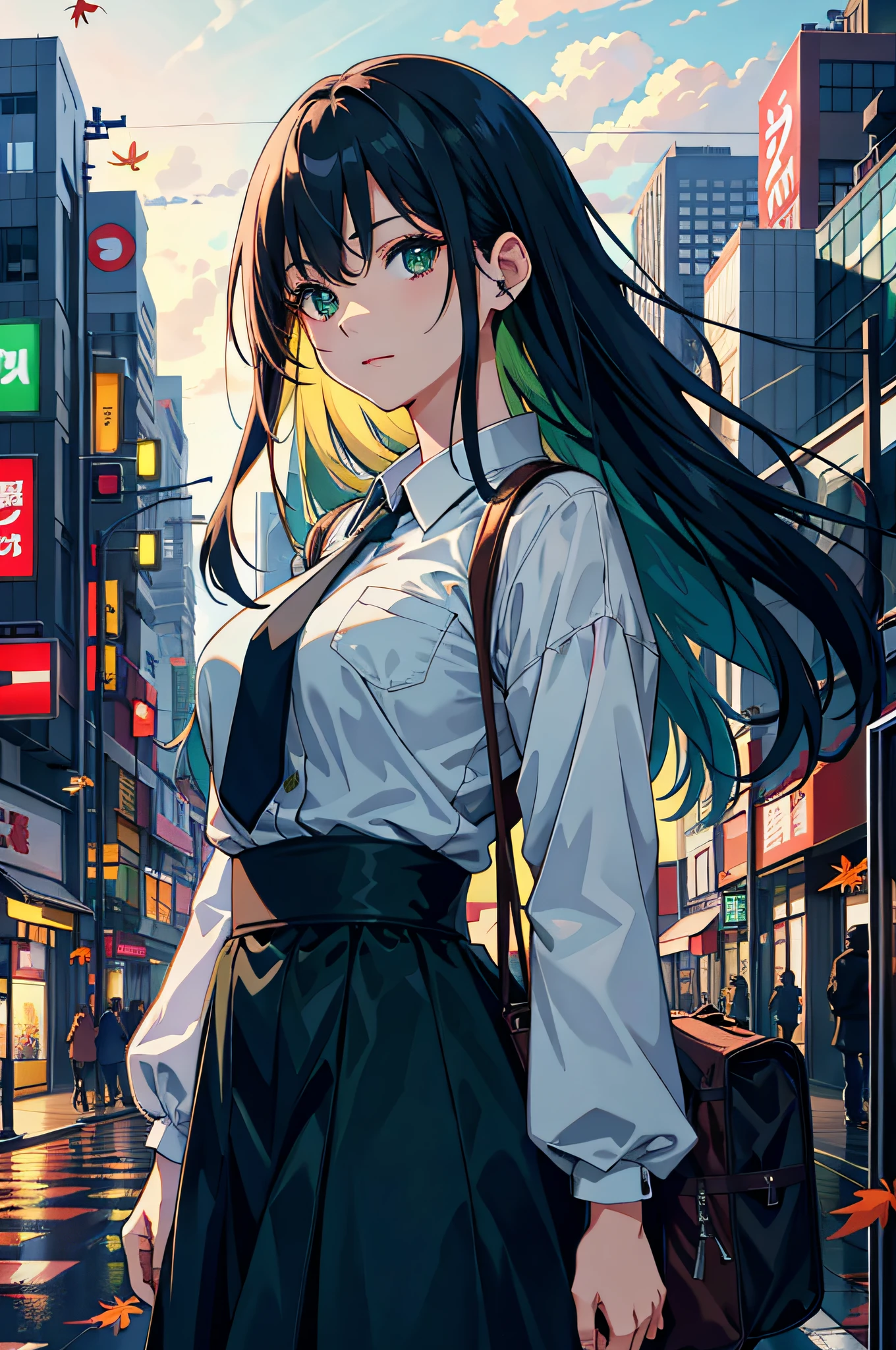 japan, high resolution, highest quality, illustration, ultra detailed, (detailed face), (detailed eyes), soft lighting, best quality, misty glow, dreamy atmosphere, hyper detailed, masterpiece, 1 girl, solo, long hair, green eyes, full breasts, scantily clad, outdoors, evening, clouds, high rise buildings in background, industrial, public transportation, urban, concrete buildings, sidewalk, busy, trees, autumn, falling leaves,