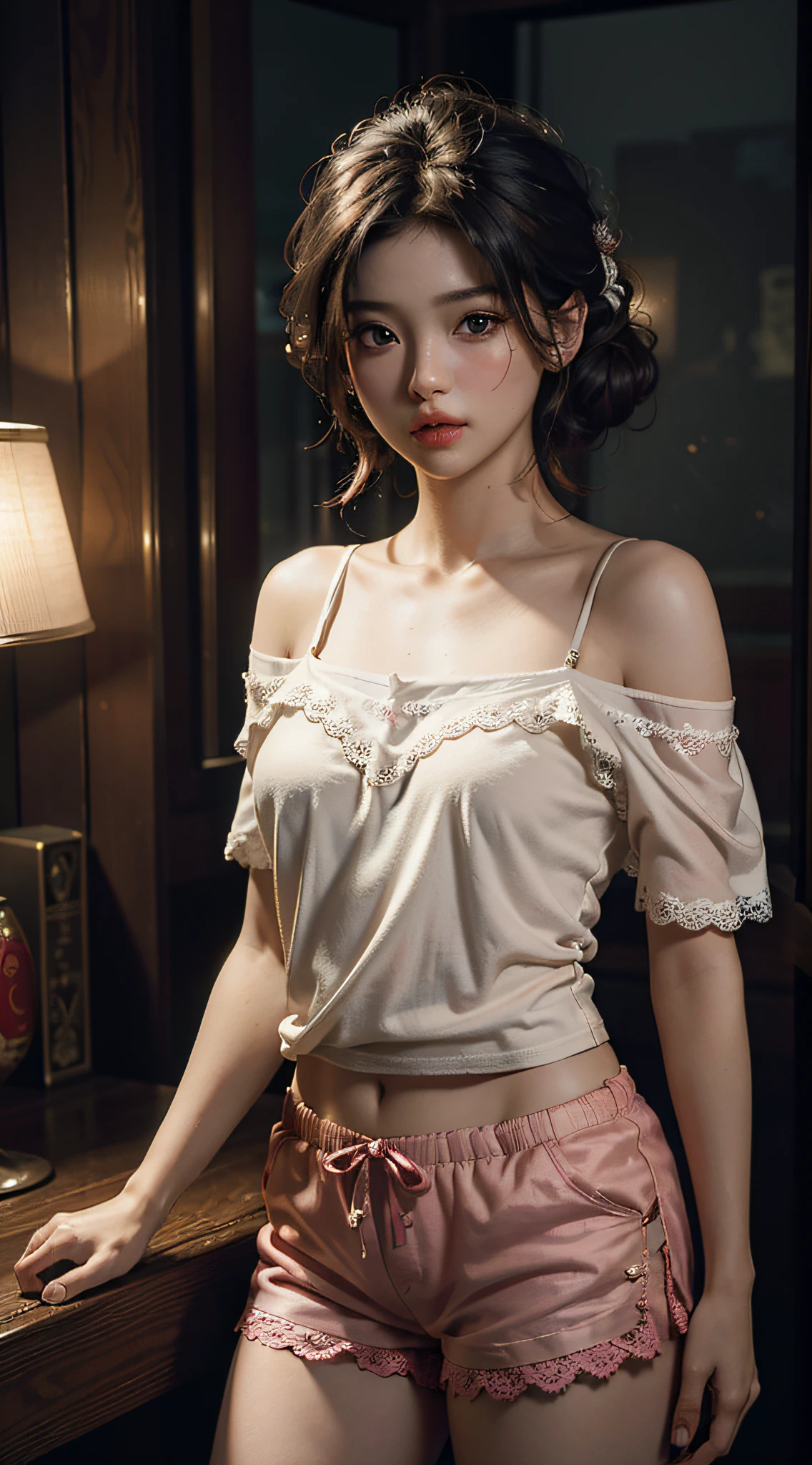 Best quality, masterpiece, ultra high res, (photorealistic:1.4), raw photo, 1woman hottie of 32 years old, goddess, off shoulder, pijama lace short pants, cinematic lighting