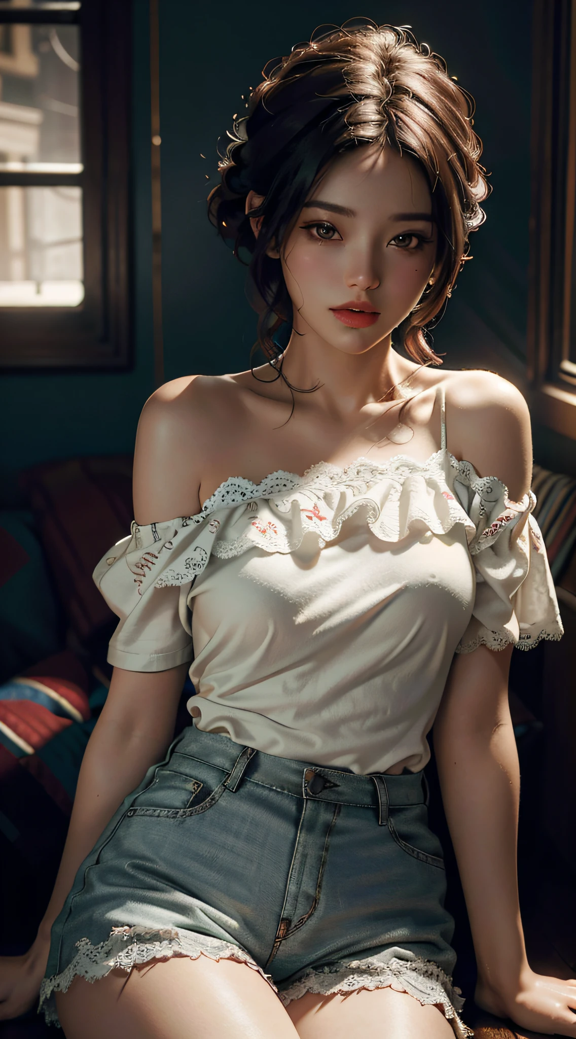 Best quality, masterpiece, ultra high res, (photorealistic:1.4), raw photo, 1woman hottie of 32 years old, goddess, off shoulder, pijama lace short pants, cinematic lighting