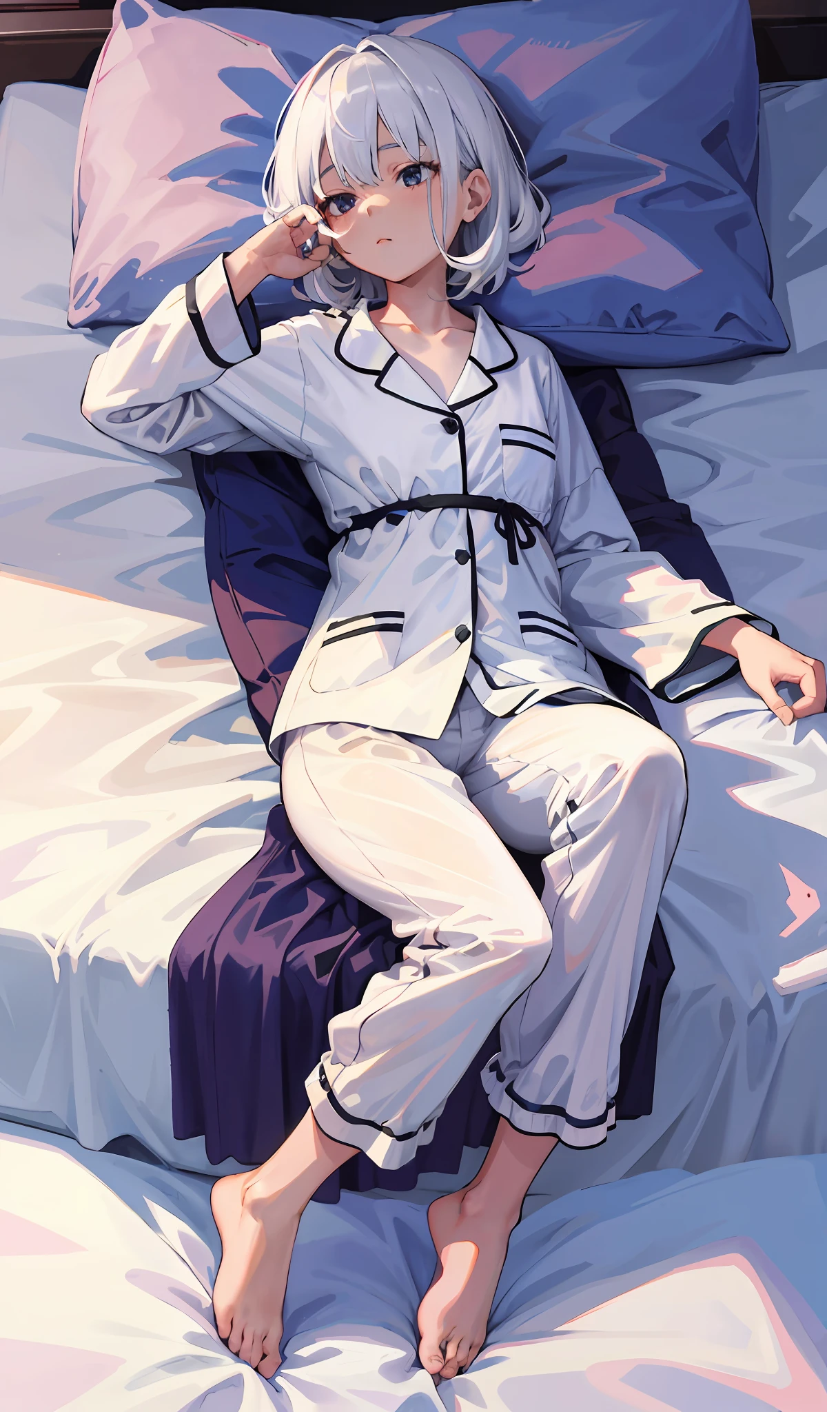 4k, realistic, carismatic, very detail, there is a girl on bed, wearing pajama, she is sleepy, white theme, white hair, 25 years old, full body