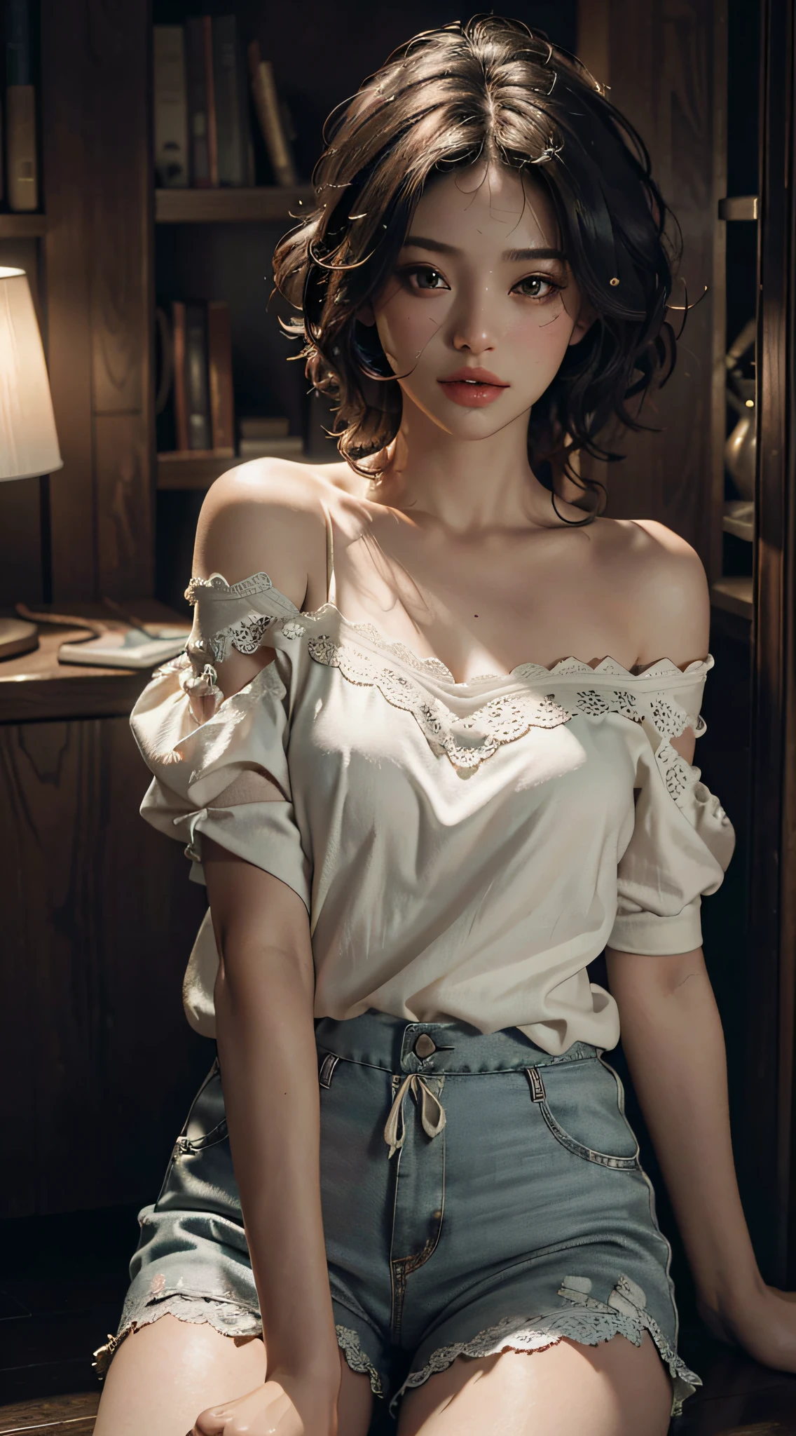 Best quality, masterpiece, ultra high res, (photorealistic:1.4), raw photo, 1woman hottie of 32 years old, goddess, off shoulder, pijama lace short pants, cinematic lighting
