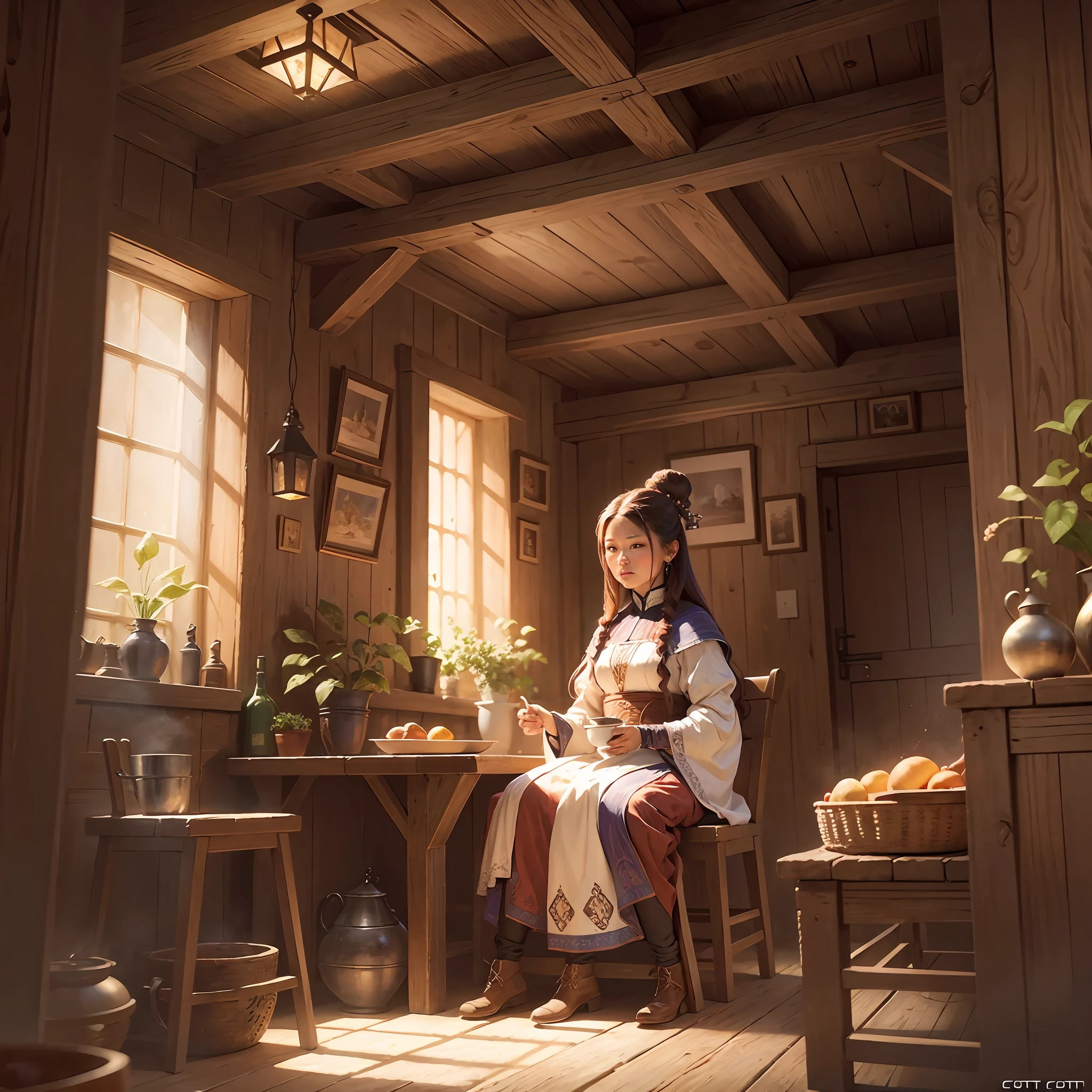 art by Brent Cotton ginger woman in a cozy warm 17th century tavern, ultra high quality, luminism