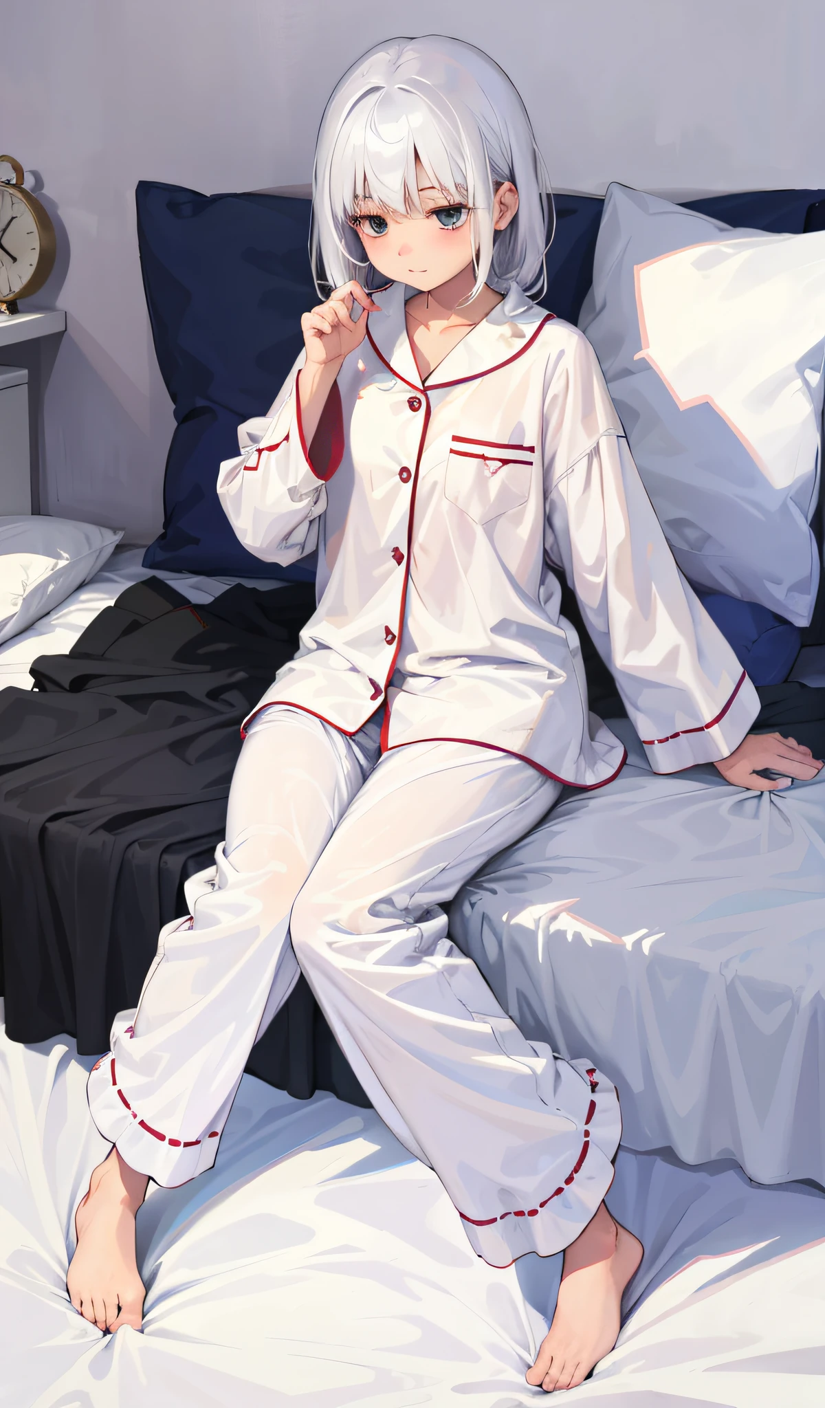 4k, realistic, carismatic, very detail, there is a girl on bed, wearing pajama, she is sleepy, white theme, white hair, 25 years old, full body
