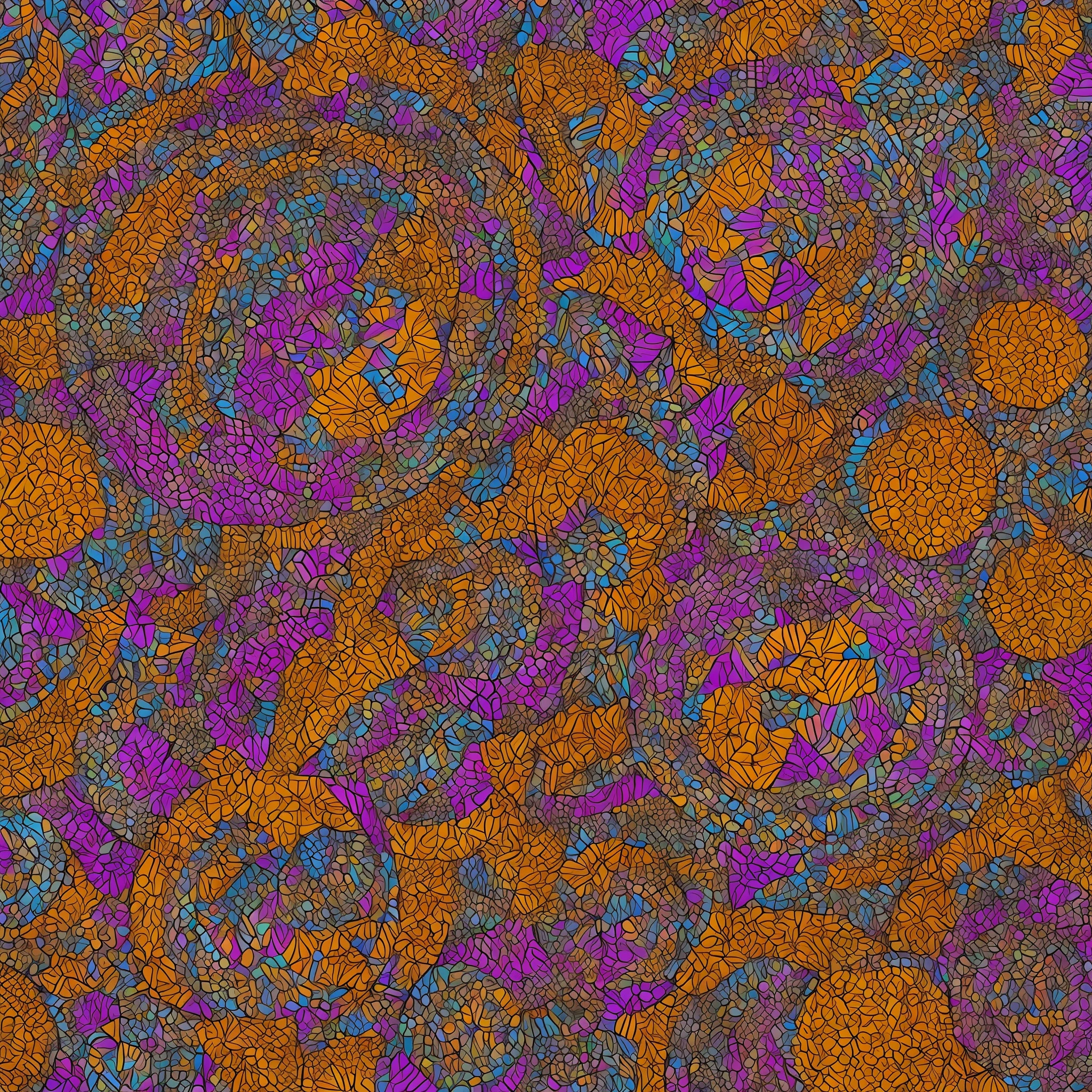 Create a visually striking composition featuring intricate geometric patterns inspired by African art forms. Use a vibrant color palette that reflects the richness and diversity of Afro-centric hues, such as deep purples, vibrant oranges, earthy browns, and bold yellows. Let the patterns intertwine and overlap, evoking a sense of rhythm and movement, reminiscent of traditional African textiles and pottery.