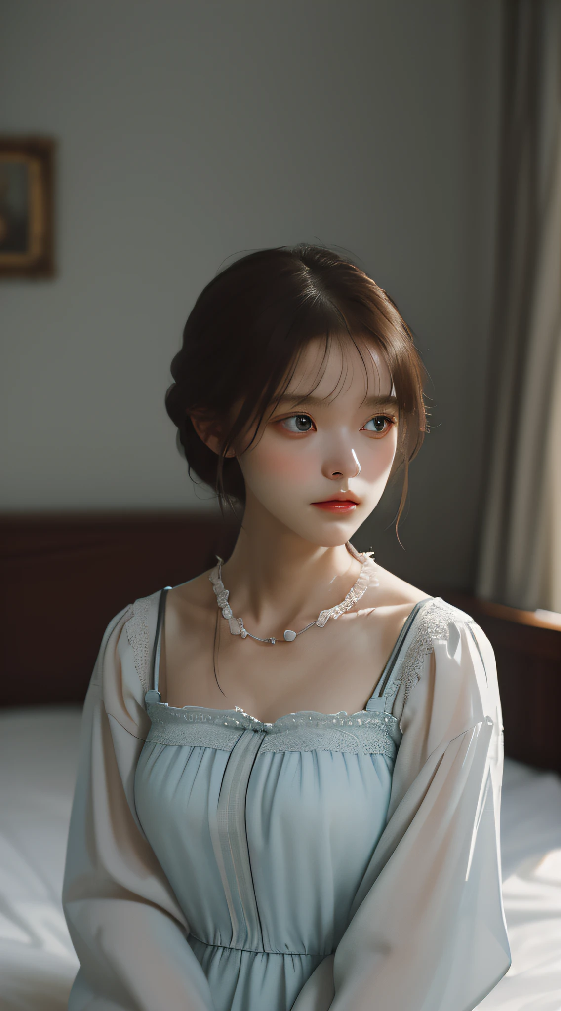 ((Best Quality)), ((Masterpiece)), (detailed), Melancholy Portrait of a Messy Young Woman, (Asymmetry: 1.2), sitting on a bed in a dim and cluttered room. The subject exudes a feeling of frustration and exhaustion, and her (tattered: 1.2) clothes and (haggard: 1.2) appearance emphasize her sense of despair. The photo was taken from a medium distance, and (low-key: 1.3) the lighting creates a gloomy and introspective atmosphere. The art style is inspired by (Dutch Masters: 1.3) technique, careful attention (subtle contrasts: 1.2) and (delicate textures: 1.2) to convey the complex emotions of the subject. She held a drink in her hand, adding a sense of vulnerability and vulnerability to the scene. Despite her disheveled appearance, her face is still (delicate beauty: 1.3), with delicate facial features and a quiet sense of dignity, full body photo, sitting on the bed,