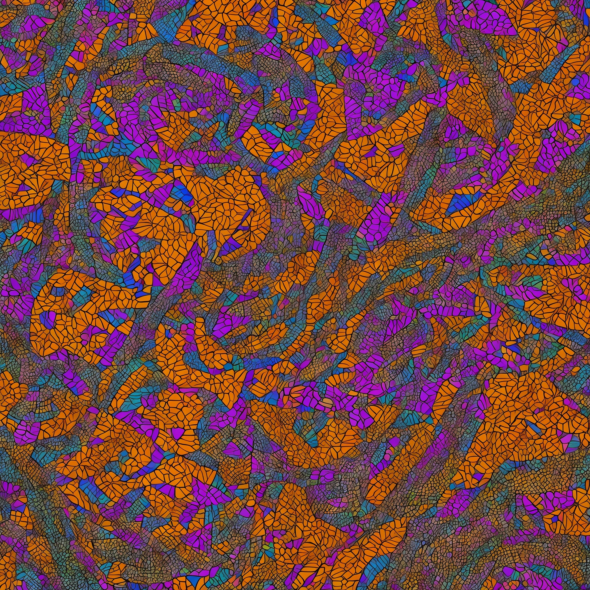 Create a visually striking composition featuring intricate geometric patterns inspired by African art forms. Use a vibrant color palette that reflects the richness and diversity of Afro-centric hues, such as deep purples, vibrant oranges, earthy browns, and bold yellows. Let the patterns intertwine and overlap, evoking a sense of rhythm and movement, reminiscent of traditional African textiles and pottery.