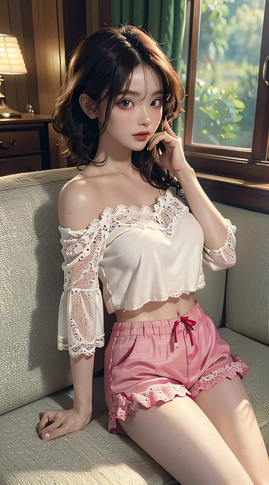 Best quality, masterpiece, ultra high res, (photorealistic:1.4), raw photo, 1woman hottie of 32 years old, goddess, off shoulder, pijama lace short pants, cinematic lighting