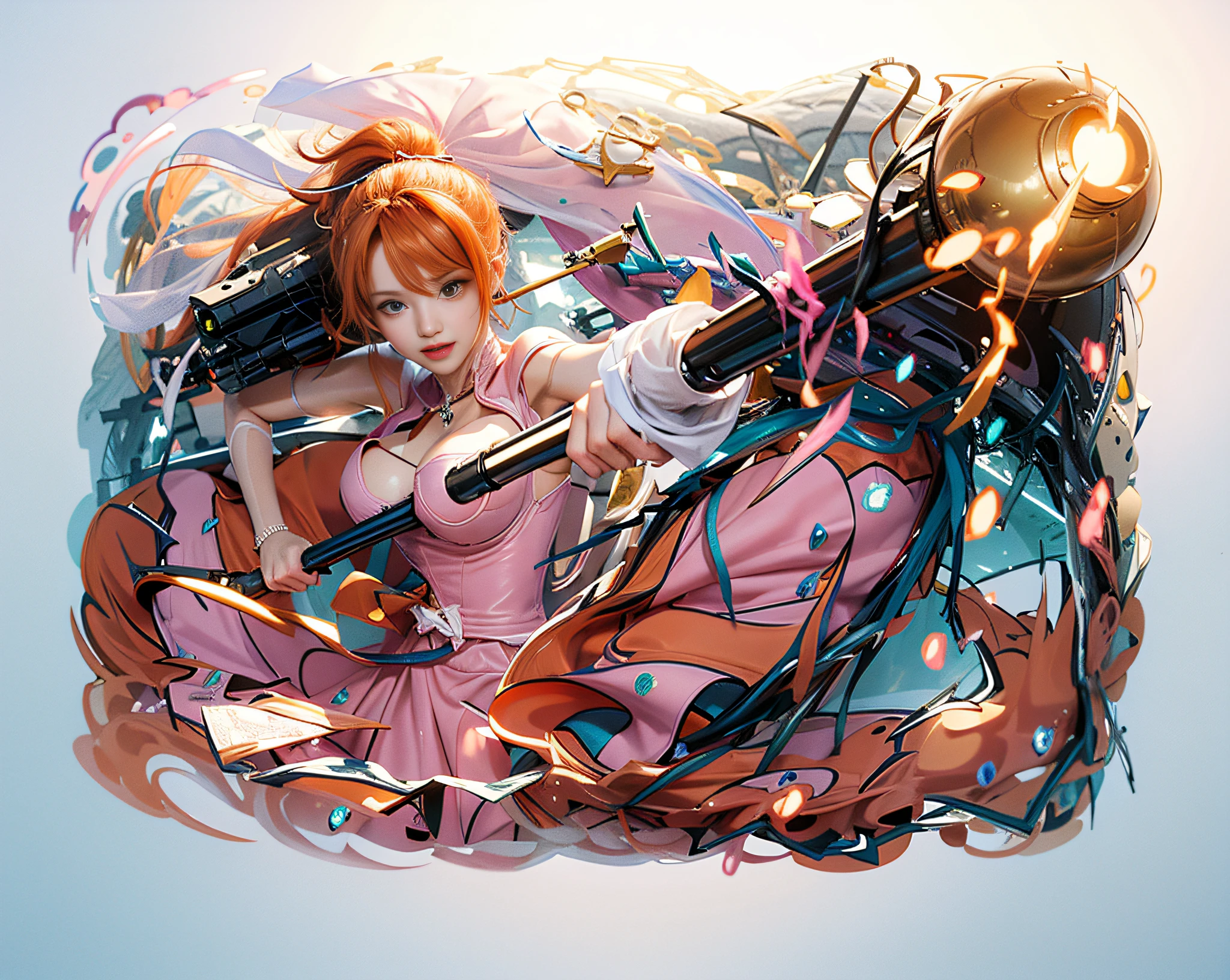 ((Best Quality, 8K, Masterpiece :1.3)), Sharp Focus :1.2, A Beautiful Woman with Perfect Body :1.4, Slim Abs :1.1, ((Orange Hair, Huge Breasts :1.2)), (Pink Wedding Dress with Large Skirt, Pink Veil), Highly Detailed Face and Skin Texture, Brown Eyes, Beautiful and Delicate Eyes, Double Eyelids, Professional Lighting, Photon Mapping, Light Transfer, Physical Rendering, (Pale Skin: 1.2), Brightening, Shun-lit shooting, Smile, pink