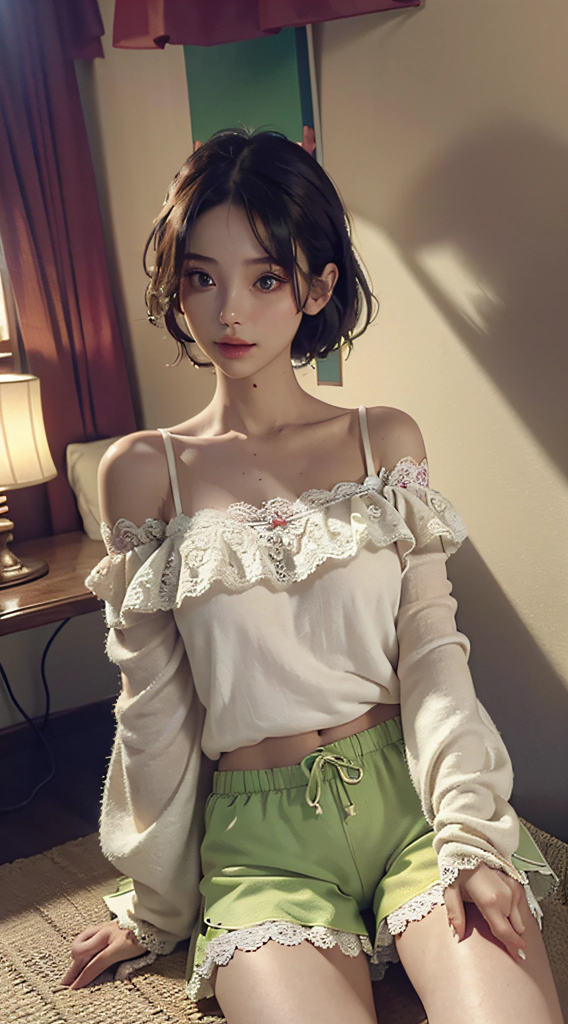 Best quality, masterpiece, ultra high res, (photorealistic:1.4), raw photo, 1woman hottie of 32 years old, goddess, off shoulder, pijama lace short pants, cinematic lighting