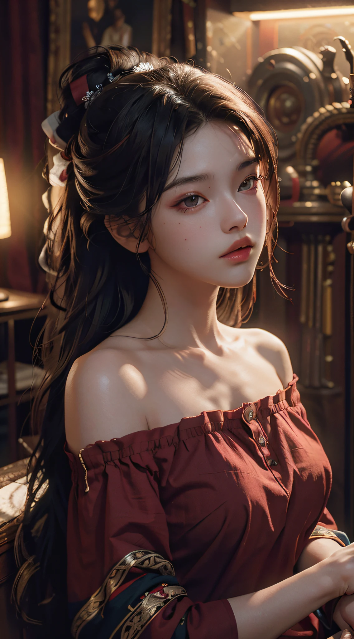 Best quality, masterpiece, ultra high res, (photorealistic:1.4), raw photo, 1girl, off shoulder, cinematic lighting