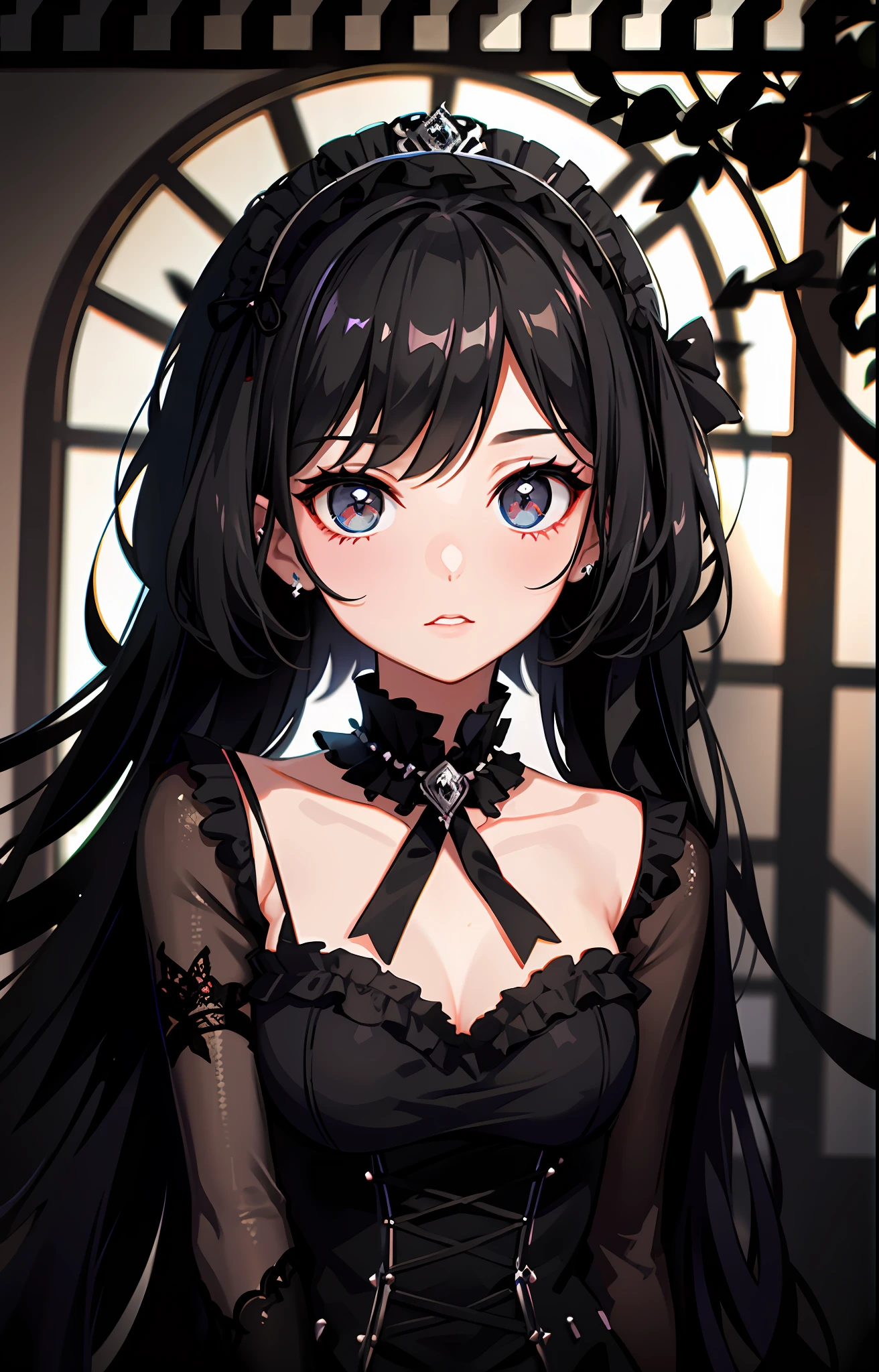 Beautiful girl, goth, black hair, dark eyes, lolita dress, gothic choker, intricate details, volumetric light, anime style