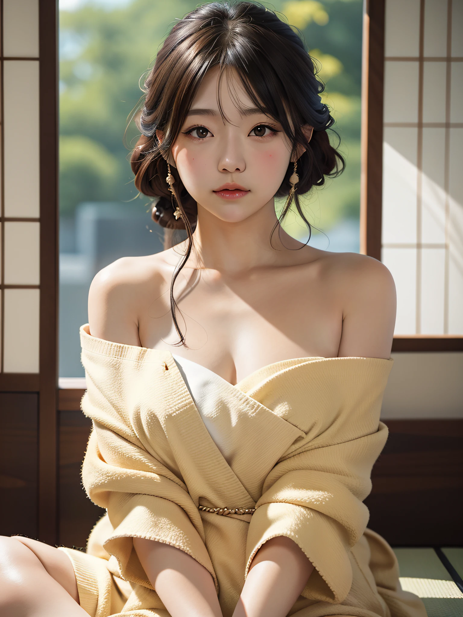 wrapped in a brown towel,woman,japanese,bare shoulders,black eyes,realistic details, high resolution,bokeh,outstanding details