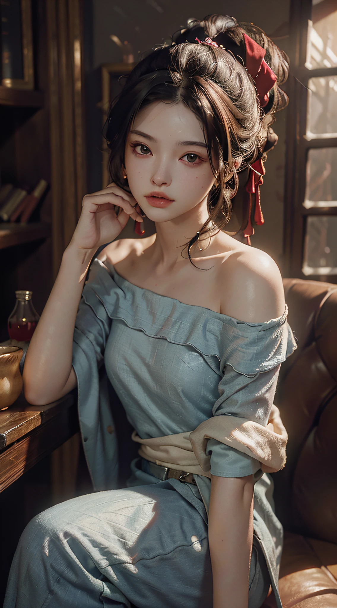 Best quality, masterpiece, ultra high res, (photorealistic:1.4), raw photo, 1girl, off shoulder, cinematic lighting