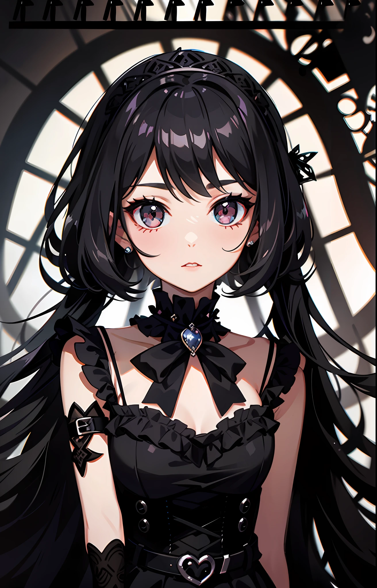 Beautiful girl, goth, black hair, dark eyes, lolita dress, gothic choker, intricate details, volumetric light, anime style