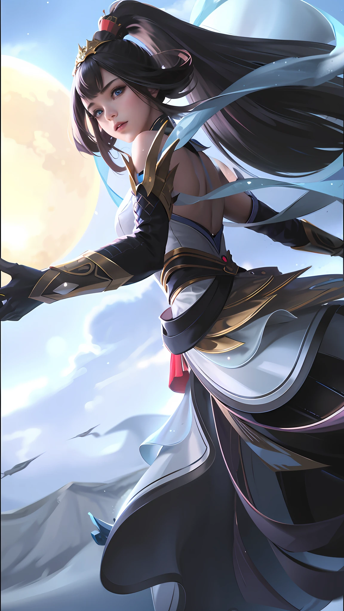 (masterpiece), (best quality), 8k, realistic, cinematic light, 16yo girl, (1 girl), solo, cool pose, battlefield background, perfect body, big boobs, blue eyes, black hair