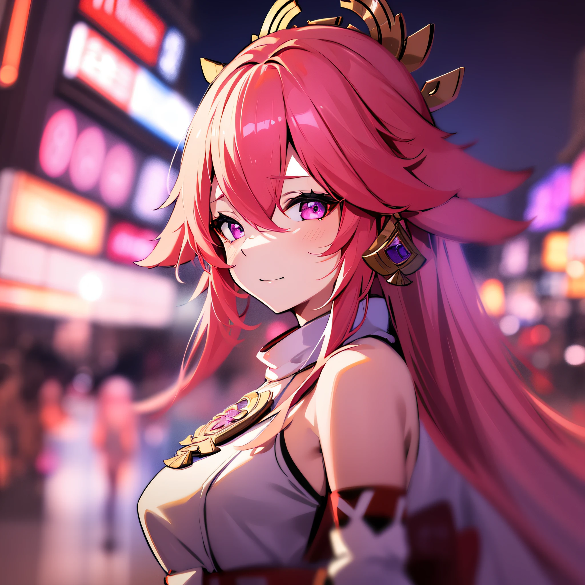 1girl , yae miko, pink hair, (Ultra wide-angle lens), (Best masterpiece), 8K, close-up, looking at viewer, Tokyo city, cinematic lighting, motion blur, The visuals are exquisite and beautiful, night . blur light background