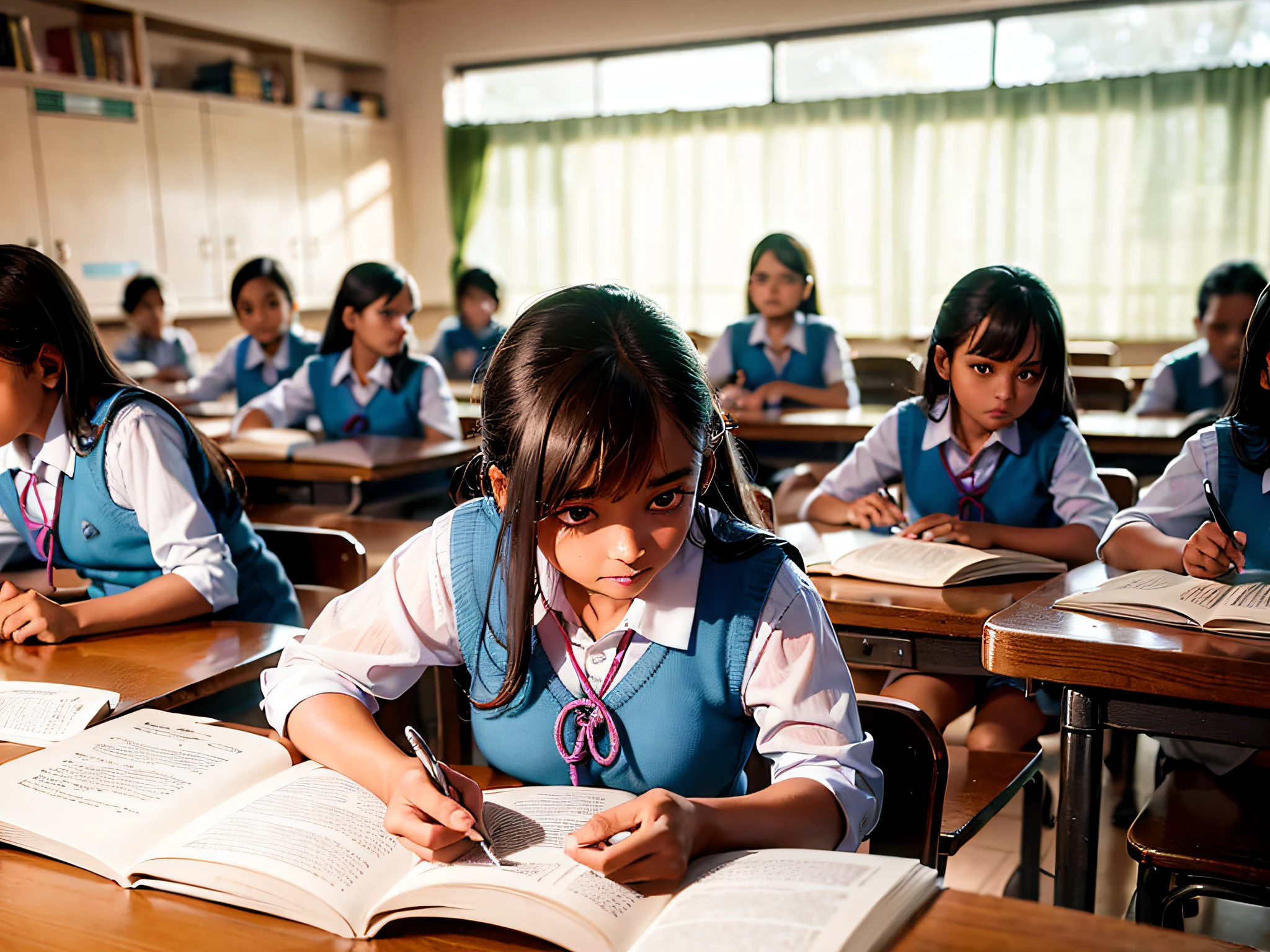 Ranchi,Jharkhand / India - November 5 2019: Group of Indian Government school girls students in uniform studying hard from books in the classroom of their school. Inside class room. Kanya Vidyalaya. --auto --s2