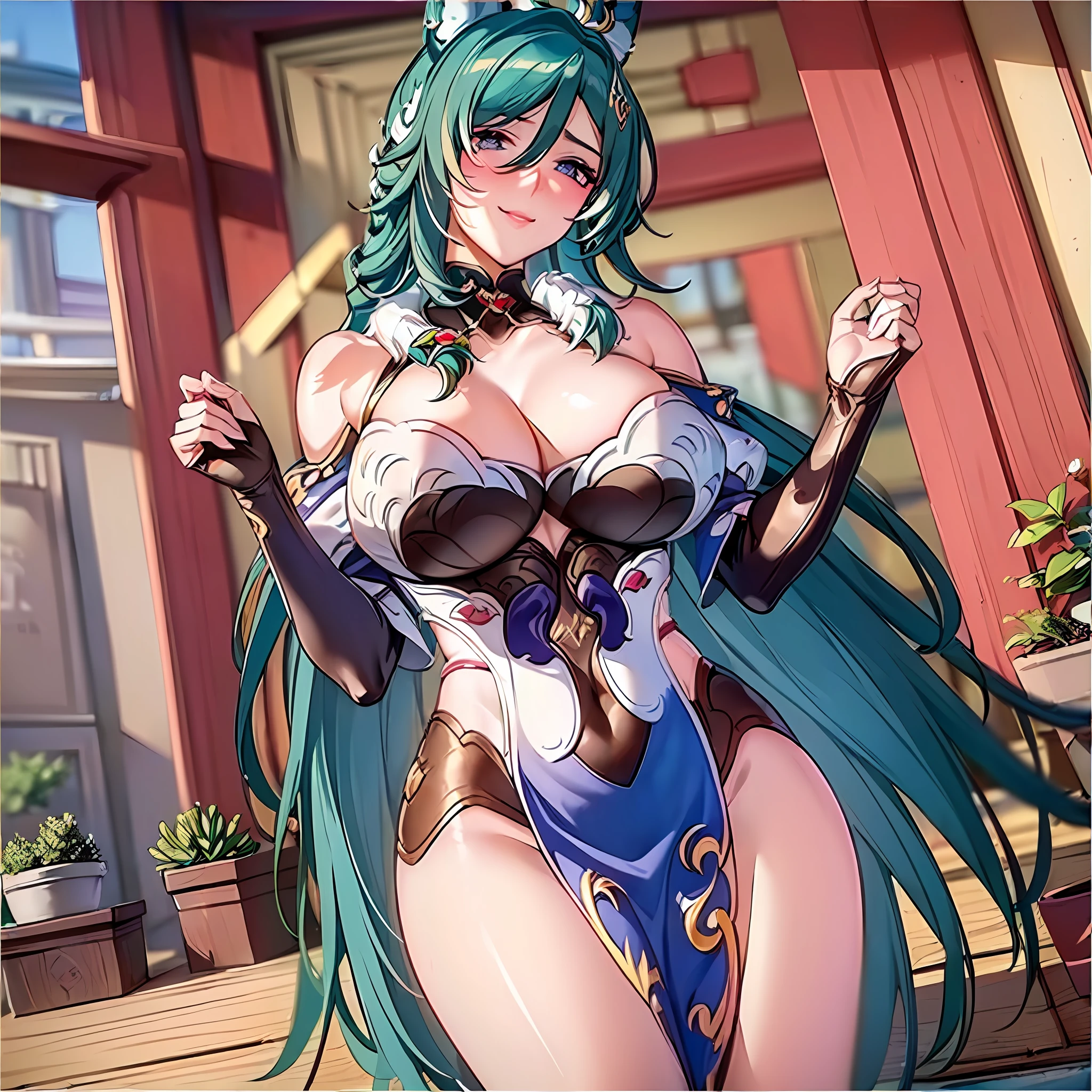 (((Masterpiece)), highest quality, ultra-detailed, ultra-detailed, ultra-detailed, ultra-detailed,
beautiful eyes, beautiful hair, beautiful face, beautiful skin, dutch angle, big breasts, cleavage, standing, hands on chest, blushing, wry smile, indoor