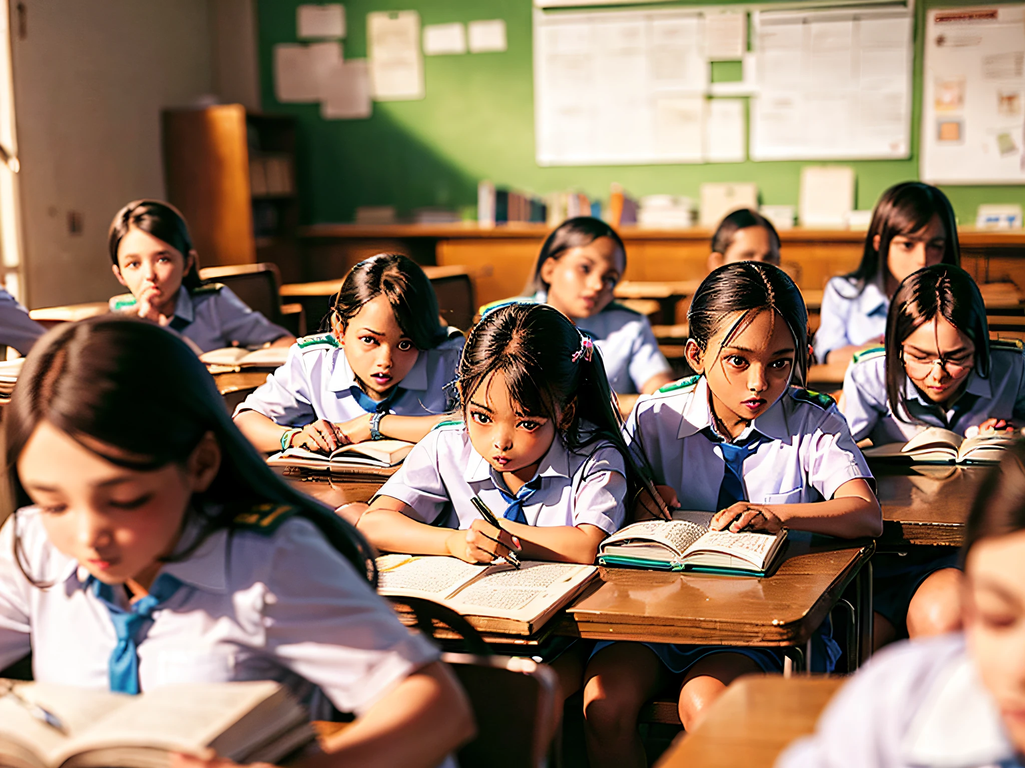 Ranchi,Jharkhand / India - November 5 2019: Group of Indian Government school girls students in uniform studying hard from books in the classroom of their school. Inside class room. Kanya Vidyalaya. --auto --s2