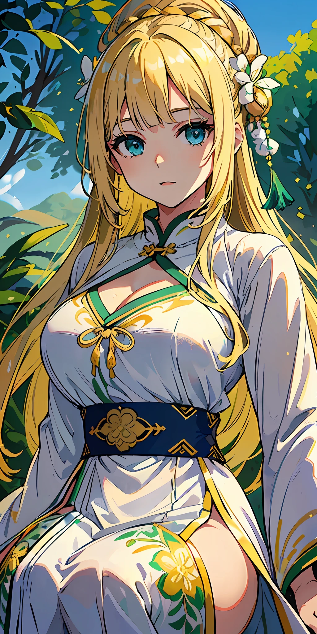 Best quality, (((Background meadow and blue sky)), hairstyle long straight, hair to waist length, ((no hair ornaments)), (hair not tied), (glittering blonde hair)))), eye color is green green, rounded face, (((bright expression)), large breasts: 0.85, chubby: 0.90, white cheongsam style, (((white fantasy robe)), gold decorations are on clothes,