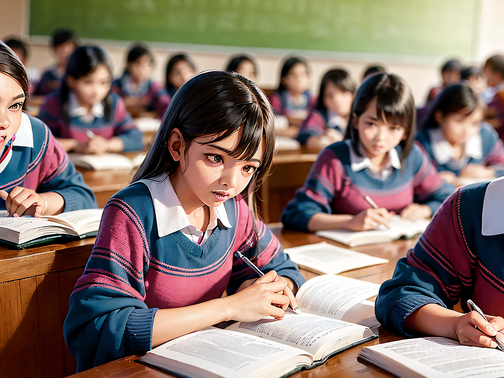 Ranchi,Jharkhand / India - November 5 2019: Group of Indian Government school girls students in uniform studying hard from books in the classroom of their school. Inside class room. Kanya Vidyalaya. --auto --s2