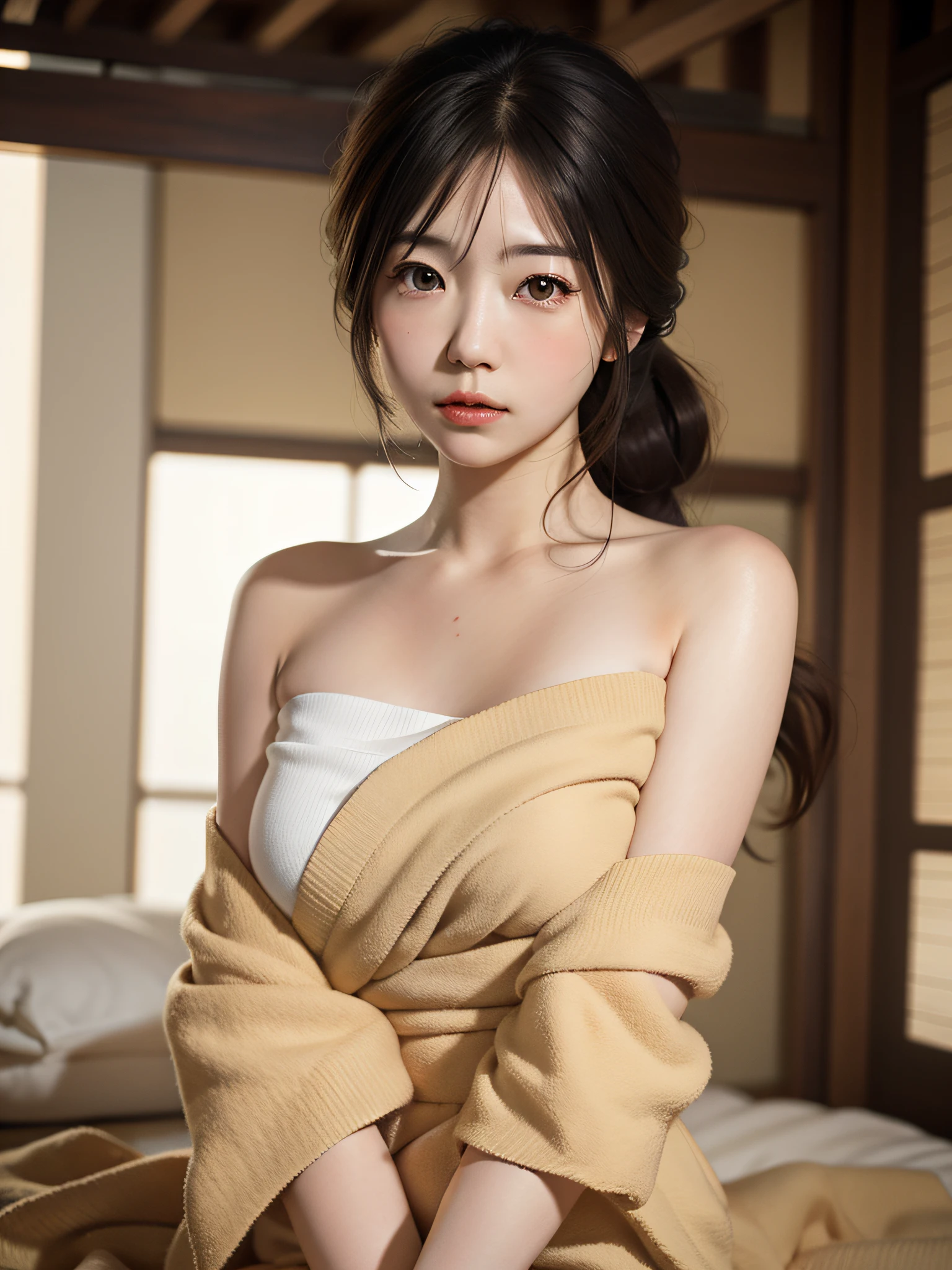 wrapped in a brown towel,woman,japanese,bare shoulders,black eyes,realistic details, high resolution,bokeh,outstanding details