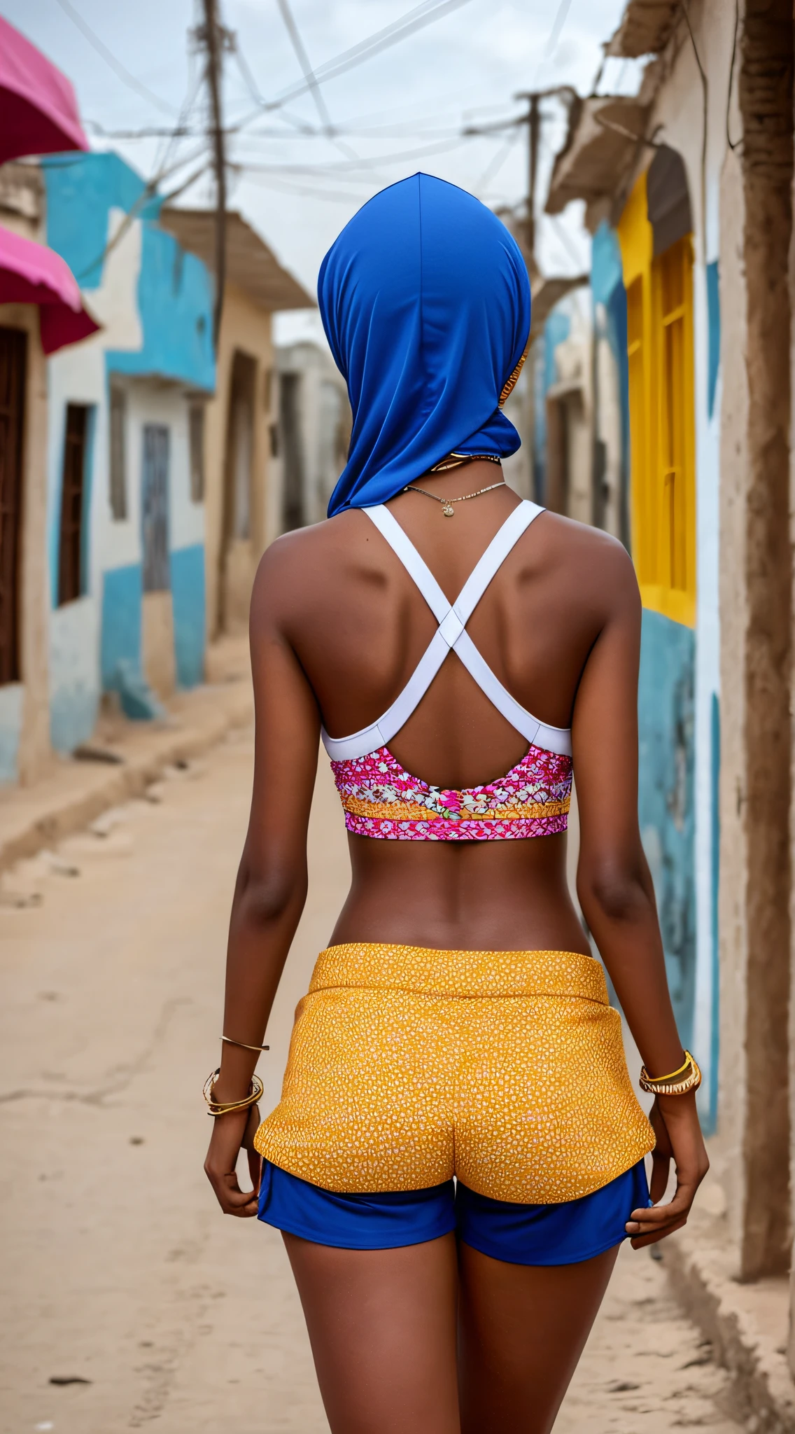 A stunning 20-year-old Somali girl wearing a sports bra and hijab shorts, solo, on the streets of Mogadishu, rear view --auto --s2