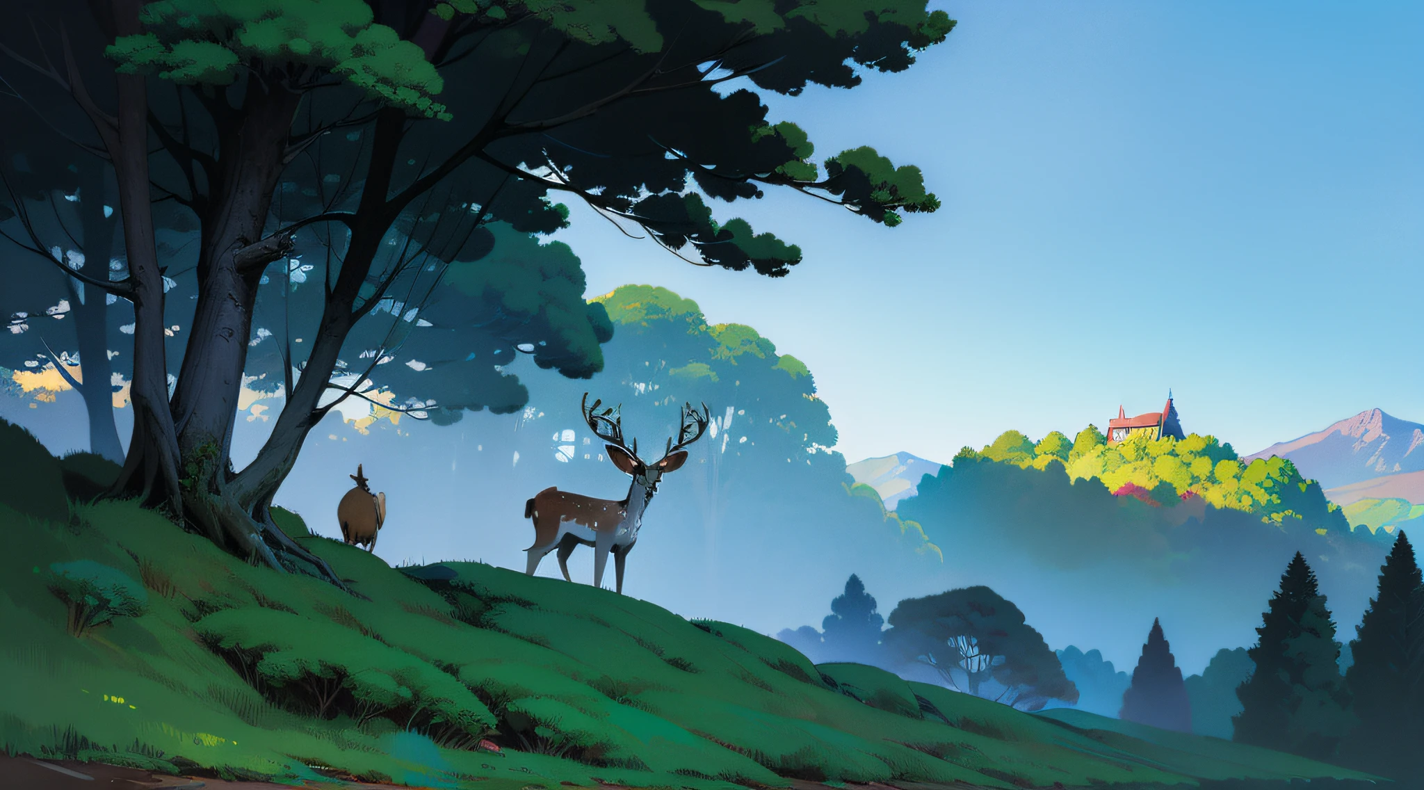((masterpiece)),((best quality)),((high detial)) clowdy sky, hills, forest, deer, giant house tree