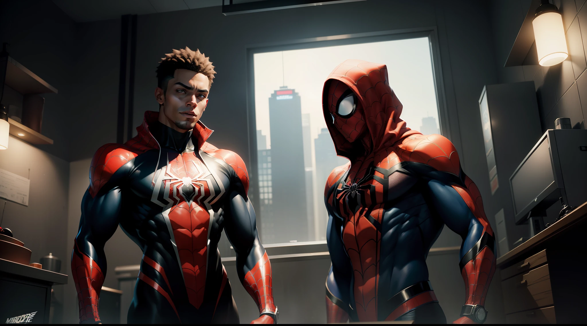 spider man bodybuilder - spider - man and spider - man in a dark room, spider - verse art style, into the spiderverse, spiderverse, into the spider verse, futuristic style spiderman, miles morales!!!, 3840 x 2160, 3840x2160, miles morales, hq 4k wallpaper, rendered in sfm, super detailed render