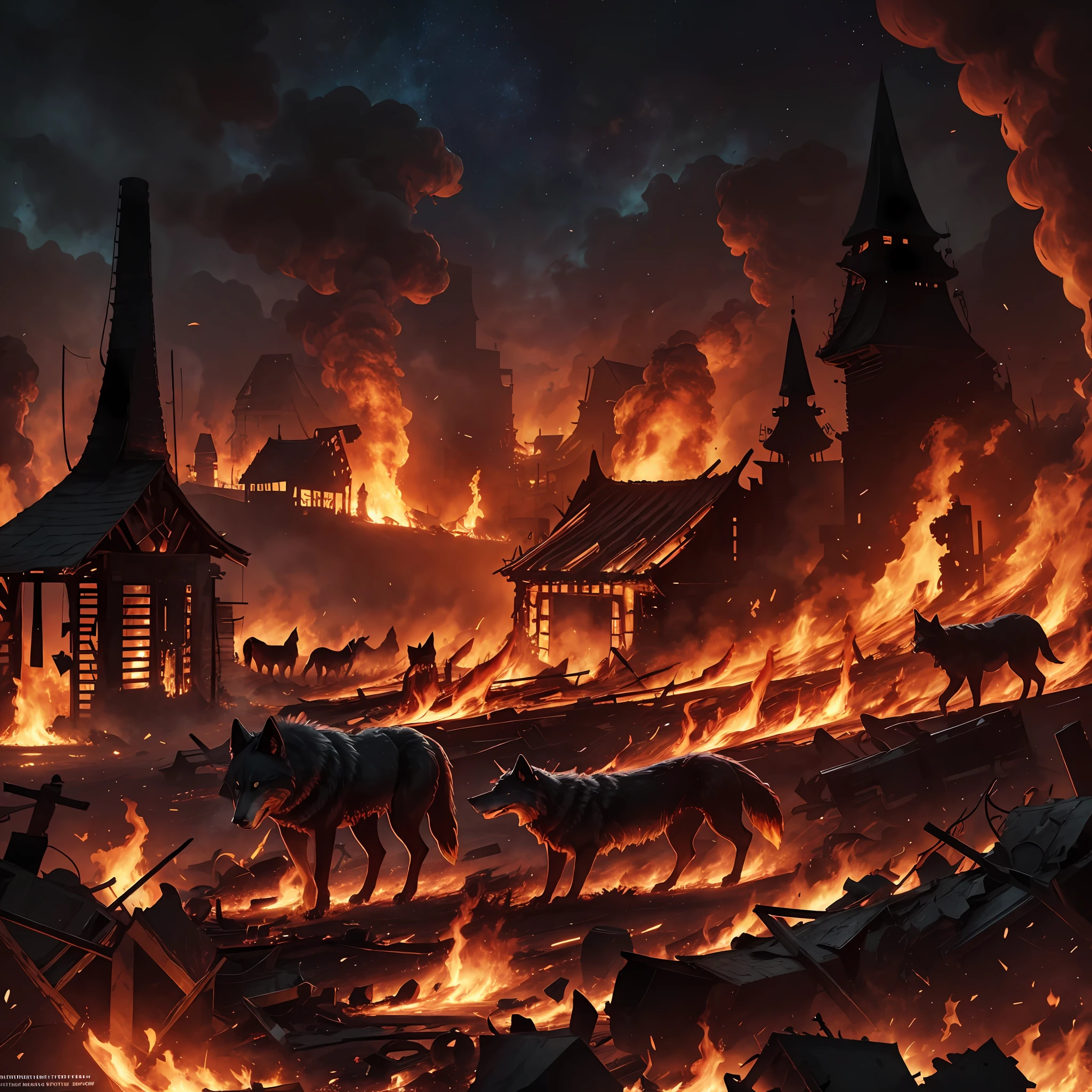 A vast expanse transformed into a fiery inferno, the village consumed by relentless flames, the eerie glow illuminating the night, the macabre sight of wolf carcasses mingling with the burning wreckage, a haunting testament to destruction.