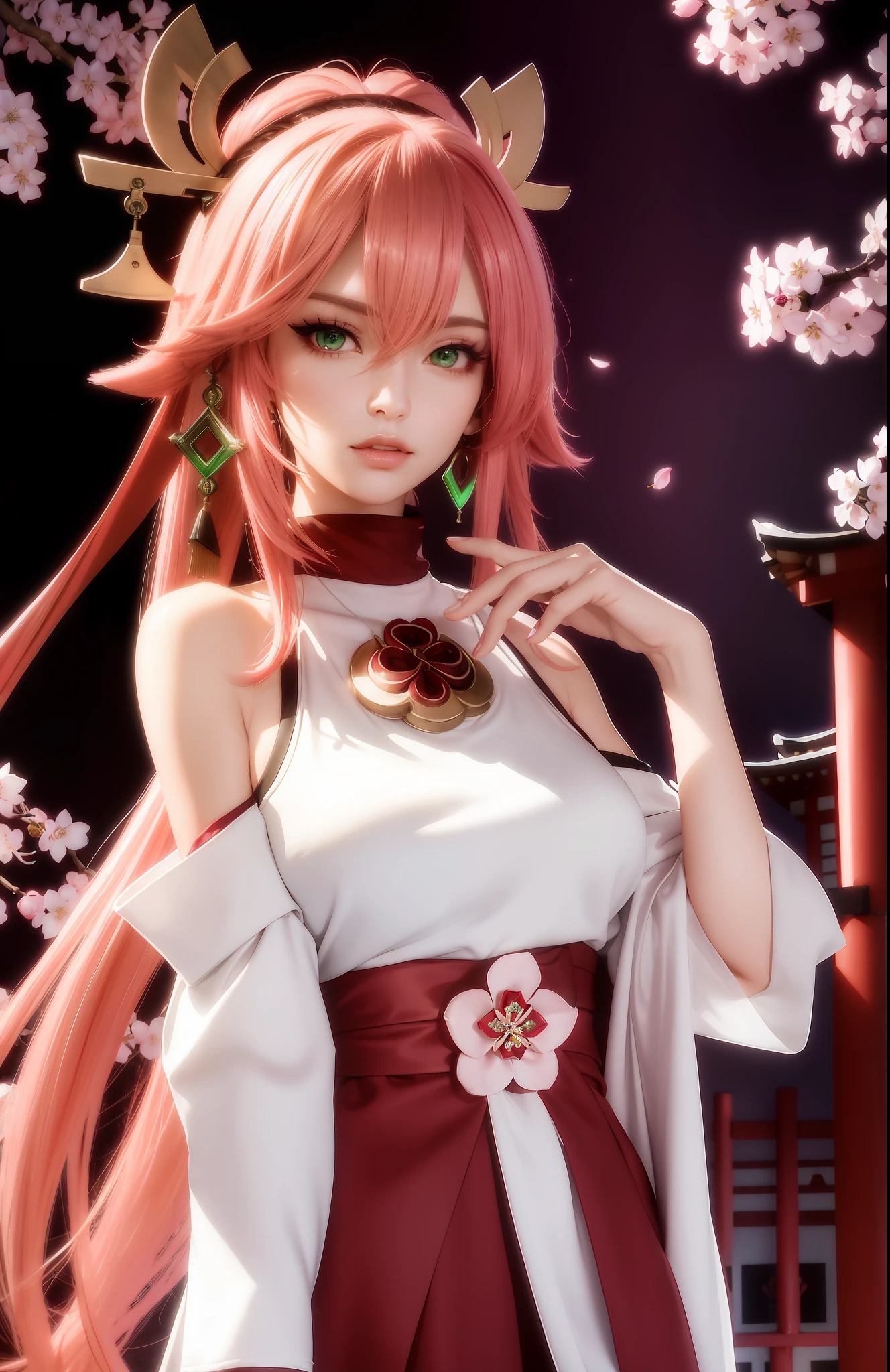 (Masterpiece, Excellent, 1girl, solo, complex details, color difference), realism, ((medium breath)), off-the-shoulders, big breasts, sexy, Yae Miko, long pink hair, red headdress, red highlight, hair above one eye, green eyes, earrings, sharp eyes, perfectly symmetrical figure, choker, neon shirt, open jacket, turtleneck sweater, against the wall, brick wall, graffiti, dim lighting, alley, looking at the audience, ((mean, seductive, charming)), ((cherry blossom background ))),((Japanese temple background)))), (((Glow-in-the-dark background)))