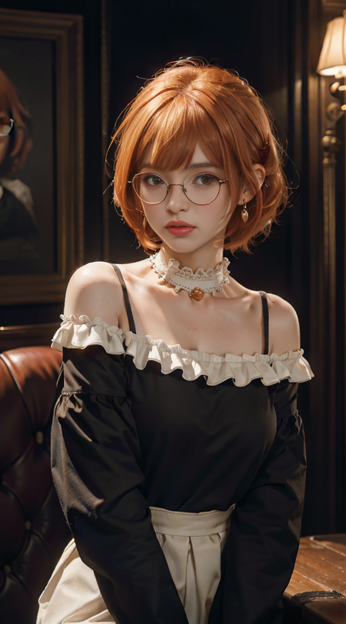 Best quality, masterpiece, portrait, maid, cleaner, ultra high resolution, (photorealistic: 1.4), raw photo, 1girl, off shoulder, cinematic lighting, glasses, earrings in the perfect ears, bangs, (orange hair: 2.6 ), (bob cut: 1.5), full body