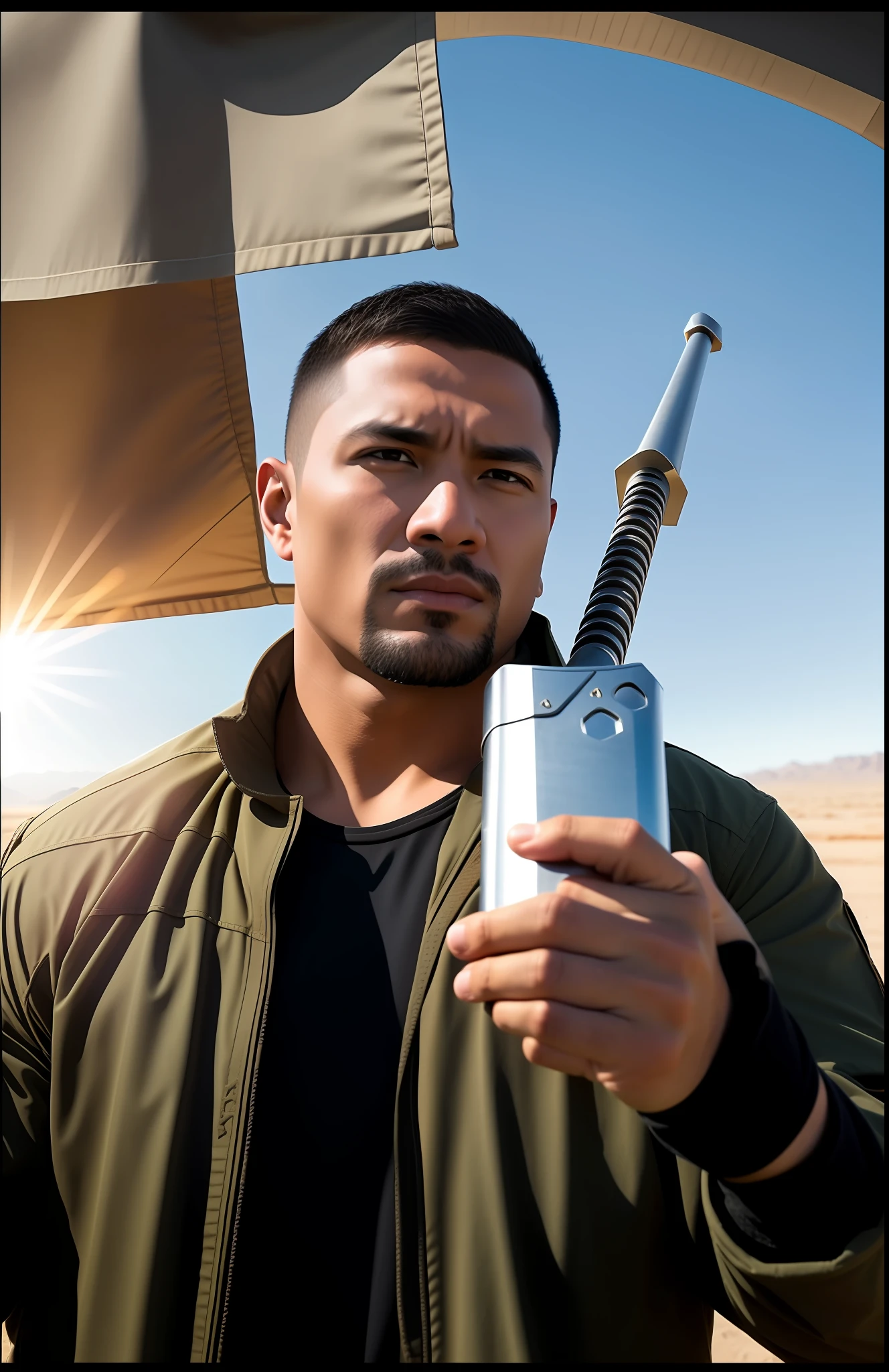 Ultra realistic, real, 8K, stupidly high quality, armored warrior, holding spear. Strong winds, desert. Strength, virility.