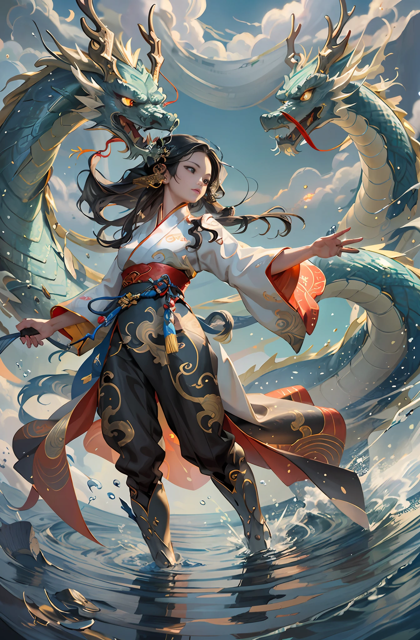 masterpiece,((best quality)),1girl,full body,Hanfu,exquisite face,beautiful eyes,black eyes,firm facial expression,long hair,flying hair,dynamic posture,combat,water,flowing smoke,(flowing ink:1.3),interior,Chinese architecture,Chinese painting style,full body,A dress with gold patterns,masterpiece,highres,extremely detailed wallpaper,perfect lighting,(extremely detailed CG:1.2),drawing,paintbrush,chinese dragon,(A splash of water),It has gold markings on clothes,depth of field,Richer details,.,above clouds,lightning,lightning background,masterpiece,best quality,
