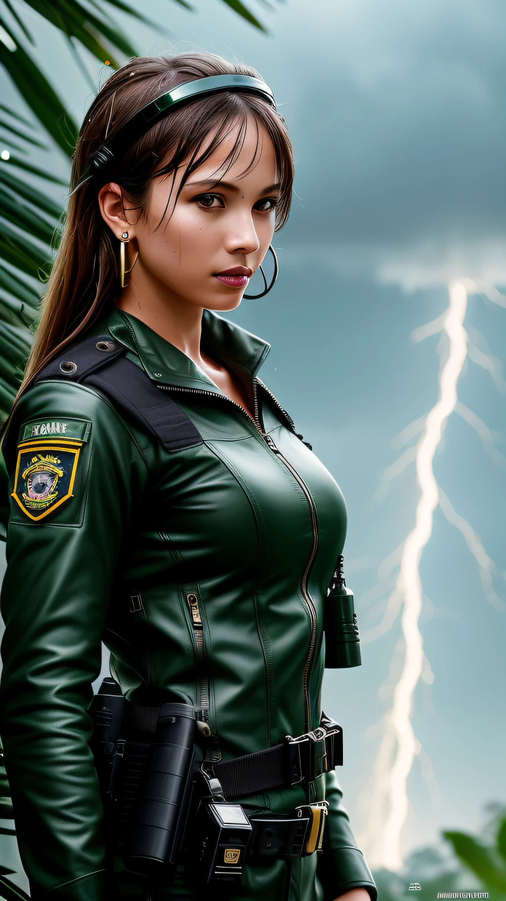 (thin: 1.3) Portrait of a female jungle commando, (blonde: 1.1), (shaved head: 1.35), black, (earrings, spikes, helmet, zippered sunglasses: 1.2), (wet: 1.2), (military equipment: 1.3) dark, gritty, gloomy, militaristic, (looking_at_ viewer: 1.3), Solo, Rainy Day, Bokeh, Dramatic Lightning, (Jungle Background: 1.2), ABS, Very Detailed, Masterpiece, Best Quality, 8k, (Oily Skin, Cell Shadow: 1.3), Color Line Drawings, (Art by Maciej Kuciara: 1.15), Art by Greg Rutkowski
